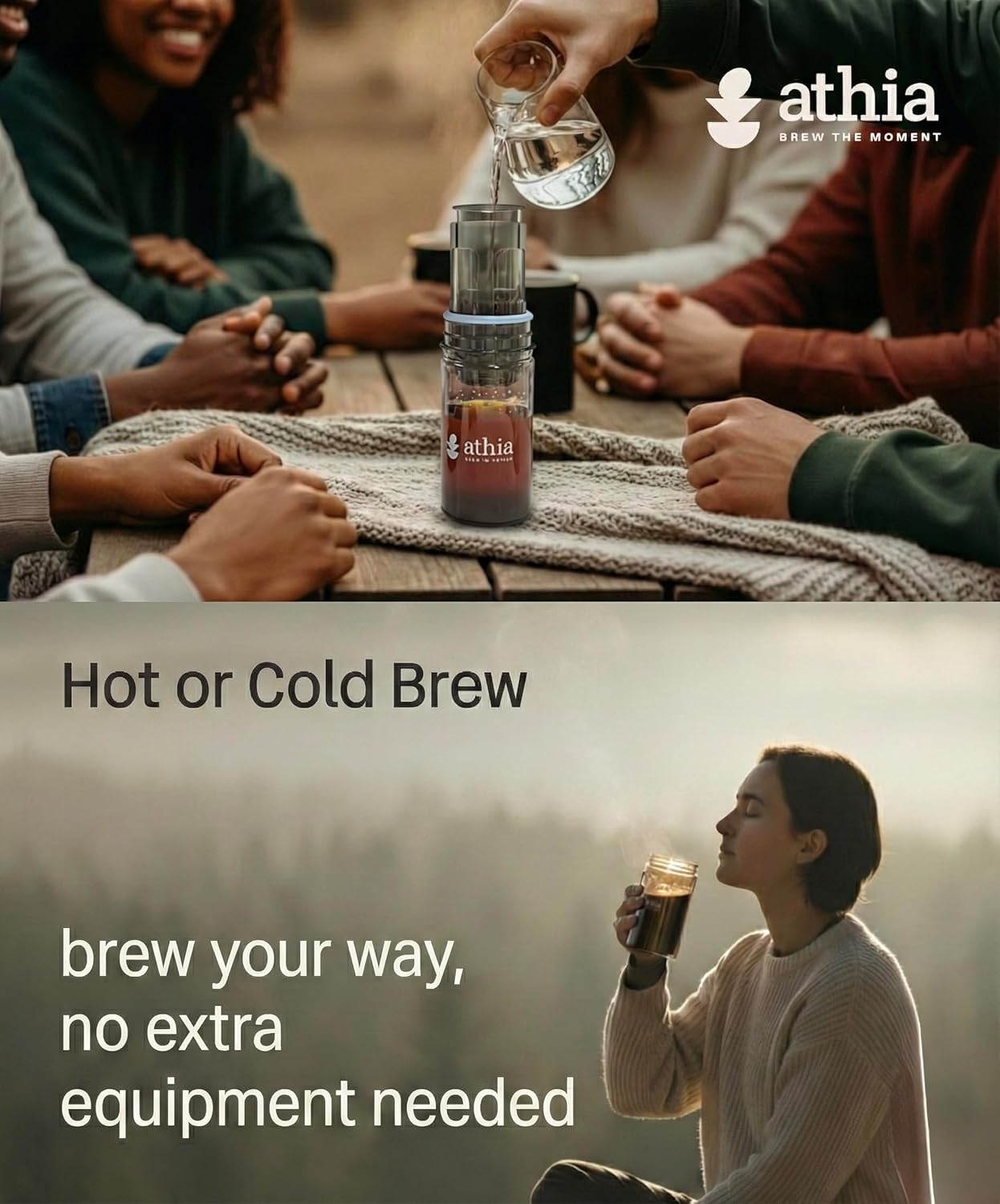 ATHIA Portable Siphon Coffee Maker for Travel & Camping - 4-in-1 Manual Brewer for Hot & Cold Brew, Siphon-Inspired System, 13.5oz/400ml Tritan Bottle, Reusable Filter, 6.35oz/180g Lightweight
