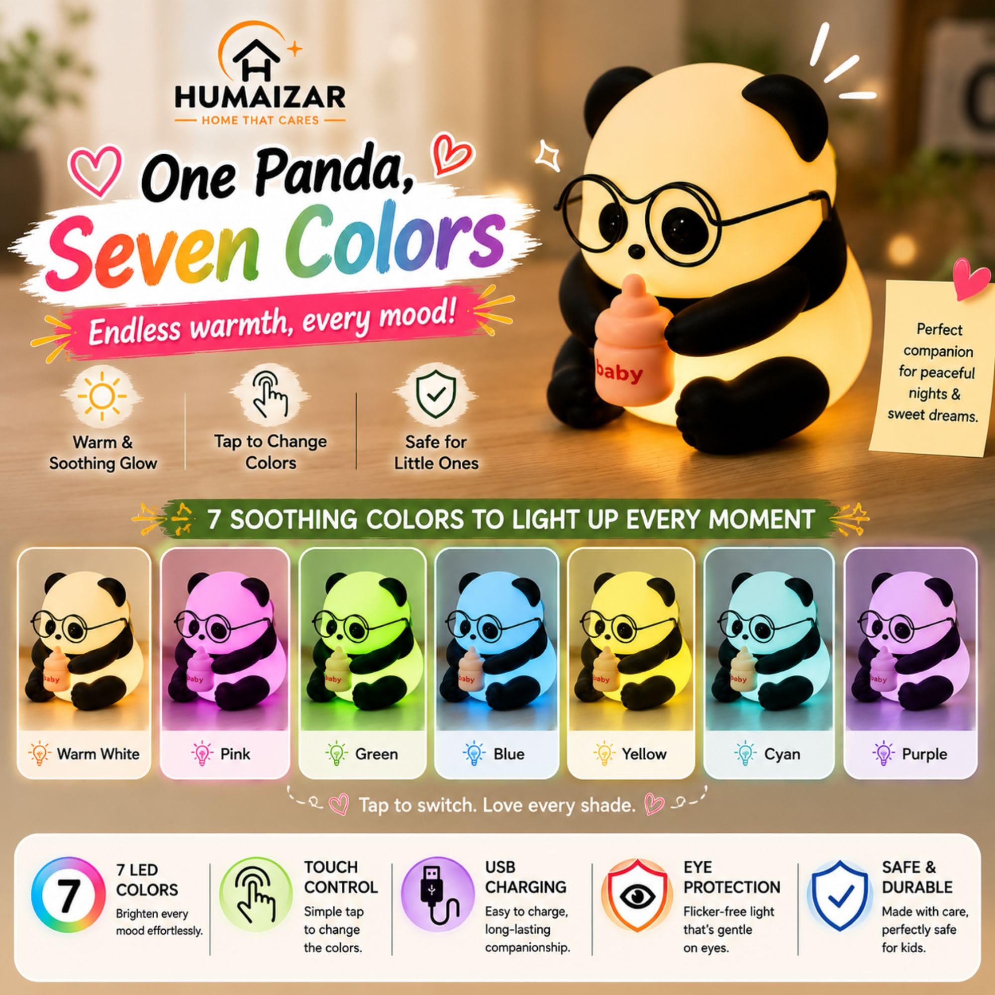 HUMAIZAR Baby Panda Night Lamp, Rechargeable 7-Colour Touch Light 3