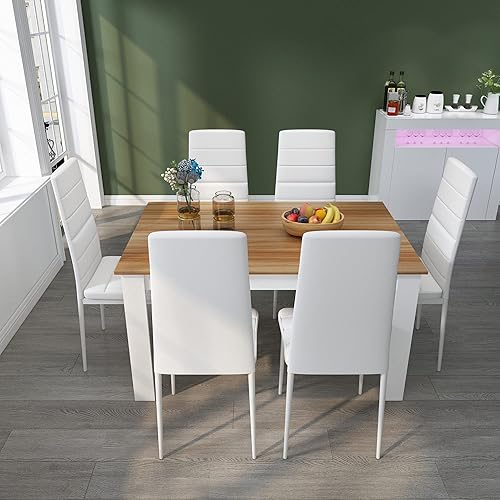 Miniatura 6 de Juego de 6 mesas y sillas de comedor, juego de mesa de cocina de 7 piezas con respaldo alto y silla de piel sintética para comedor, cocina, Mesa