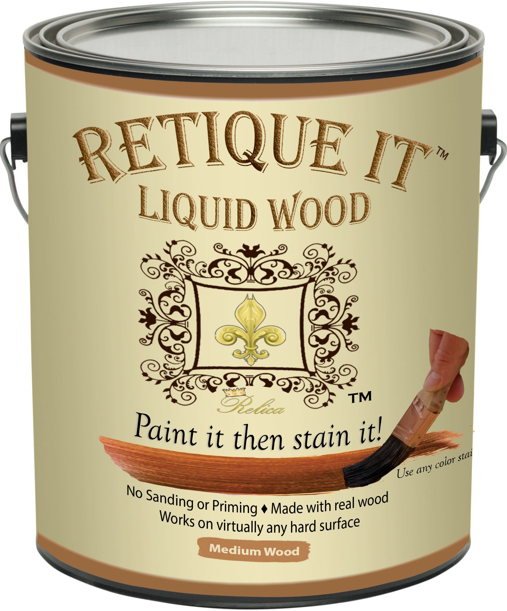 Retique It Liquid Wood - Medium Wood Gallon - Paint it Then Stain it - Stainable Wood Fiber Paint - Put a Fresh Coat of Wood on it (128oz Medium Wood)