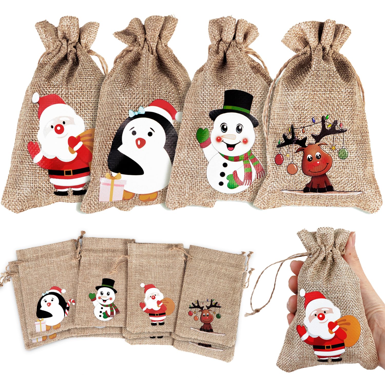 FINGOOO Christmas Jute Burlap Gift Bag, 12 Pieces Drawstring Bag Candy Pouch Snack Sack for Kids Xmas Party Favour