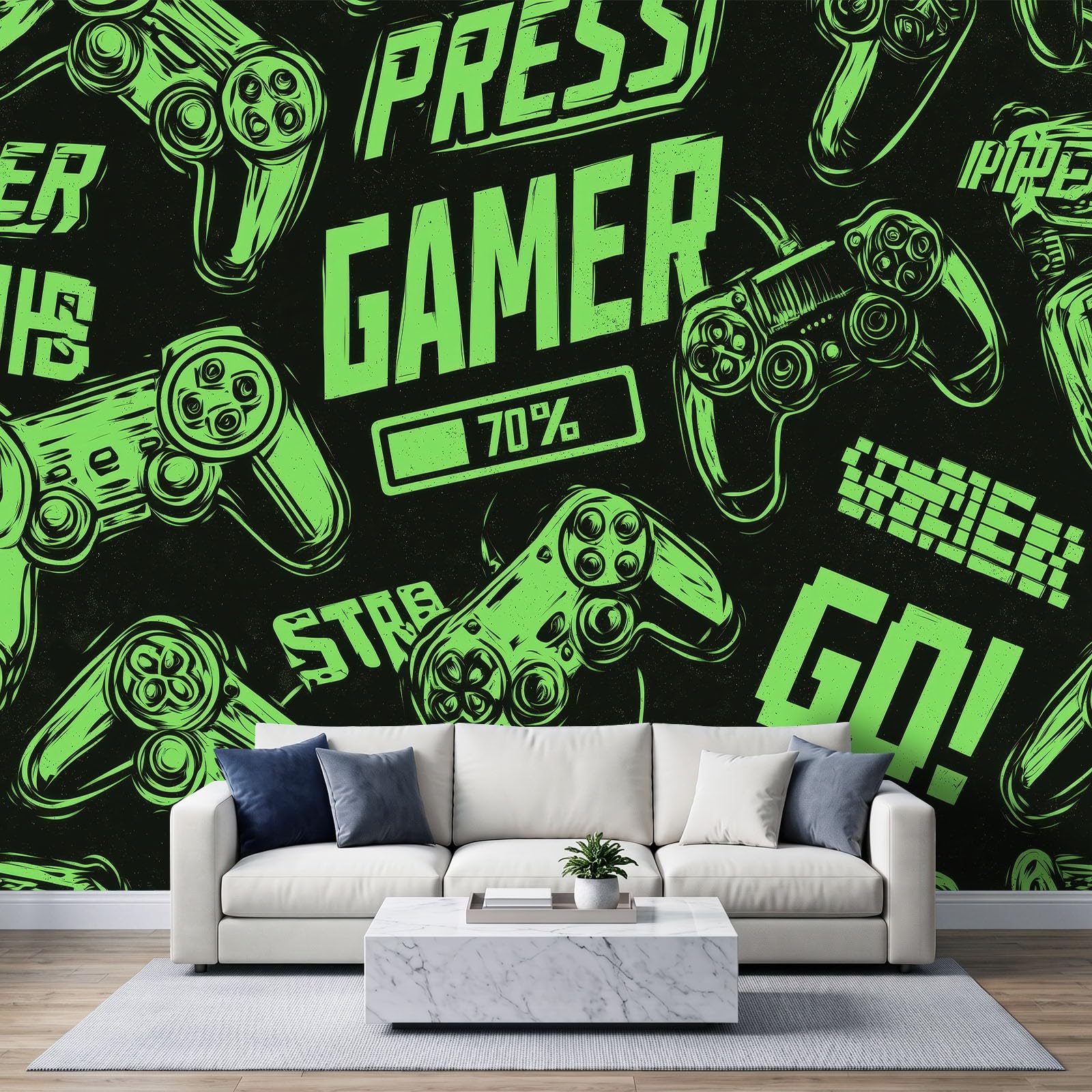 Tapeta mural 3D panoramiczne zdjęcie mural graffiti kontroler do gier fluorescencyjne zielone tło, dekoracja ścienna, tapeta, 250 x 175 cm, efekt 3D, plakat dekoracja do sypialni salonu