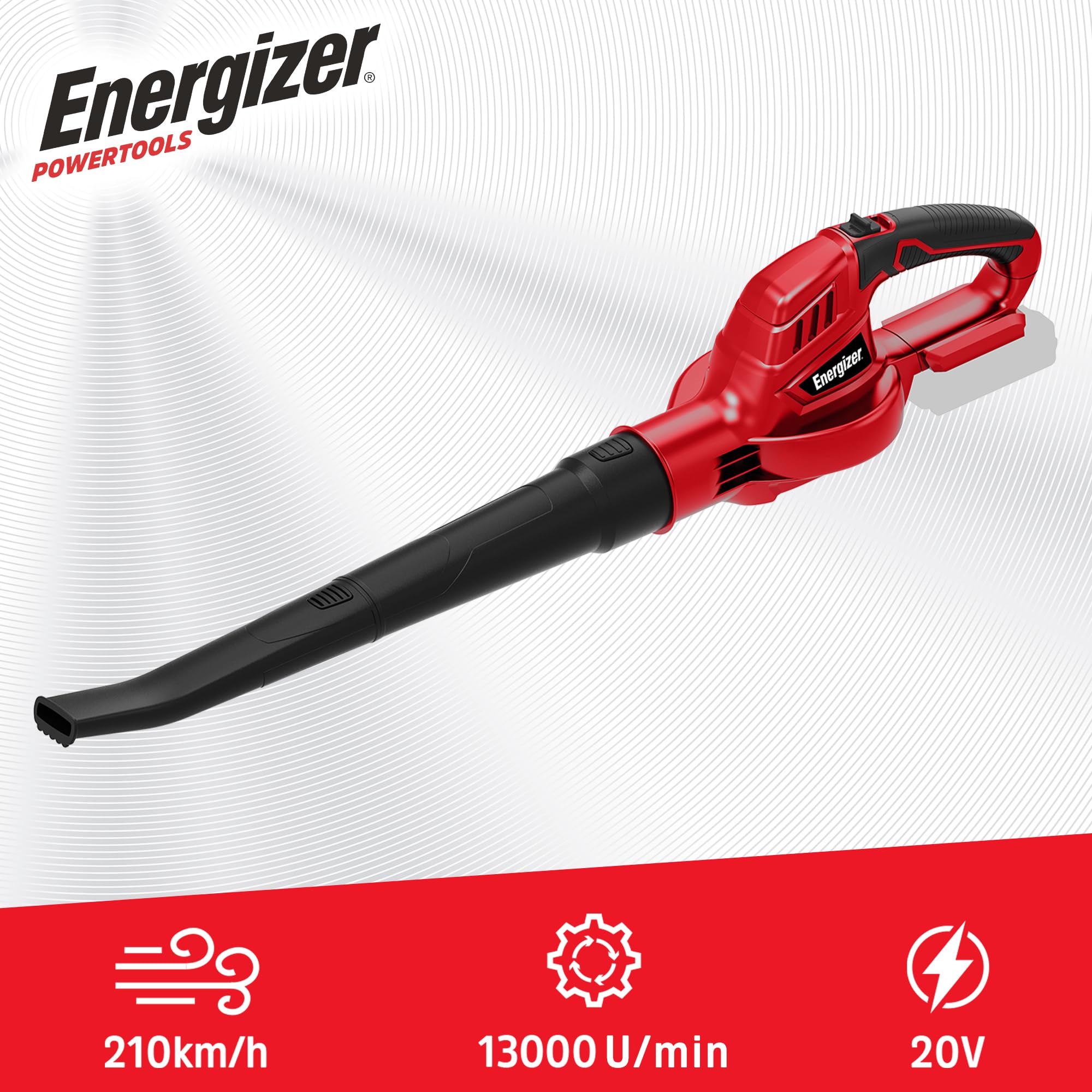 Energizer - Soplador de Hojas inalámbrico de 20 V (Pilas Incluidas) – Motor 13000 RPM – Velocidad de soplado 210 km/h – Ligero 1,2 kg – Ergonómico y Potente – para Hojas, Polvo, escombros y Otros