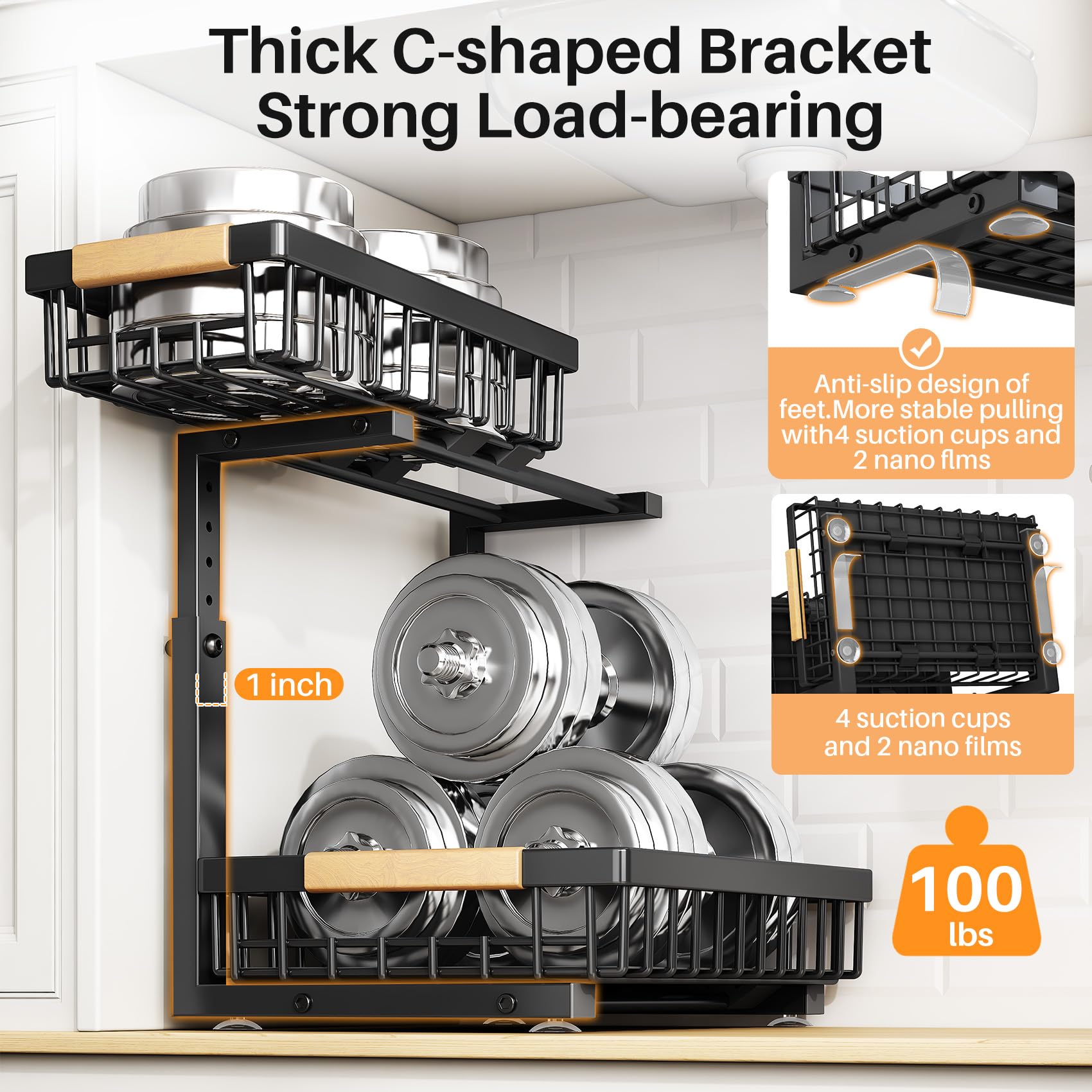 PXRACK Paquete de 2 organizadores para debajo del fregadero, altura ajustable, organizador extraíble de 2 niveles, estante de metal grueso, almacenamiento deslizante debajo del fregadero para cocina