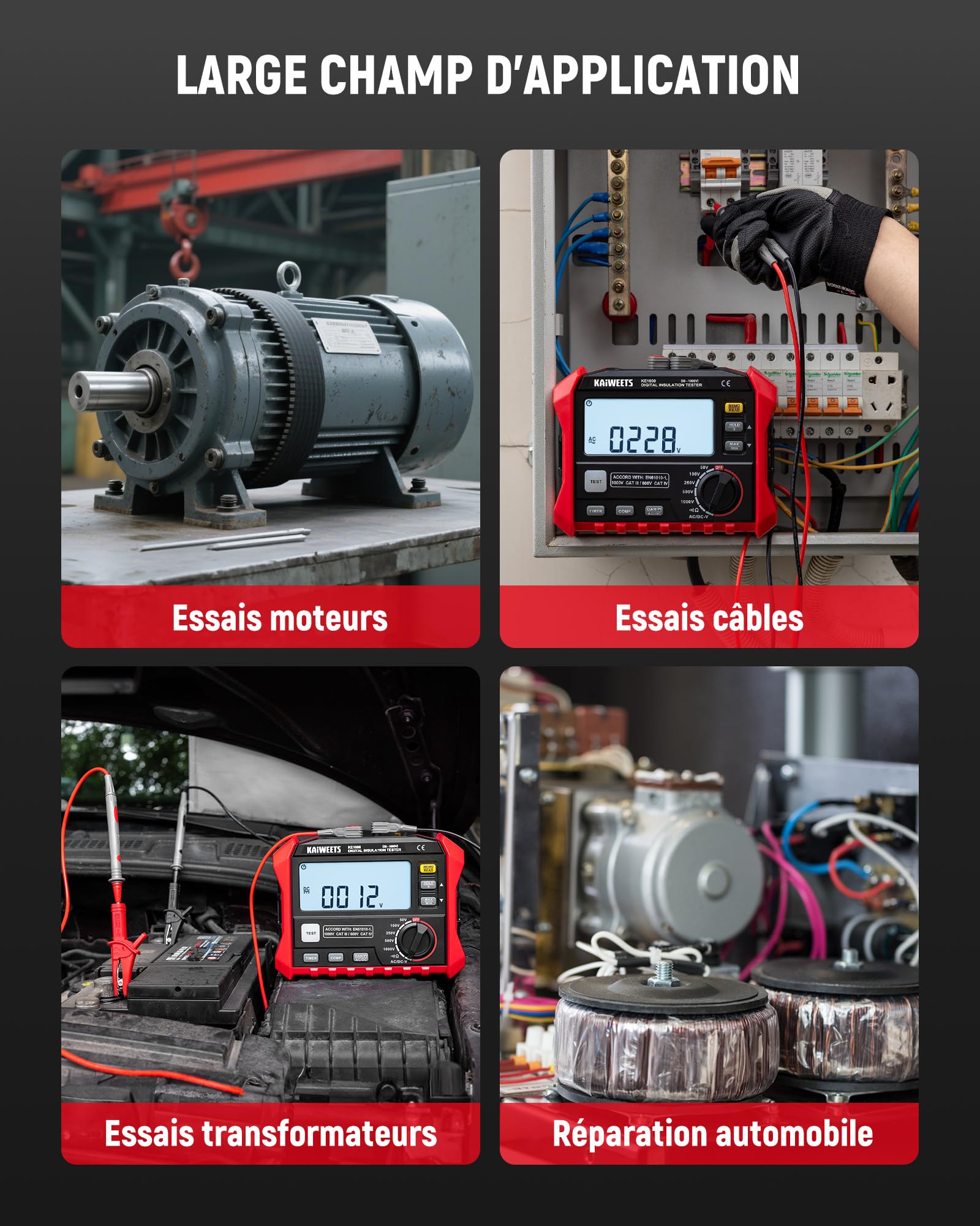 KAIWEETS Testeur de résistance d'isolement jusqu'à 100 GΩ 50 V/100 V/250 V/500 V/1000 V DAR/PI One Touch avec test de tension AC/DC pour moteurs solaires CVC