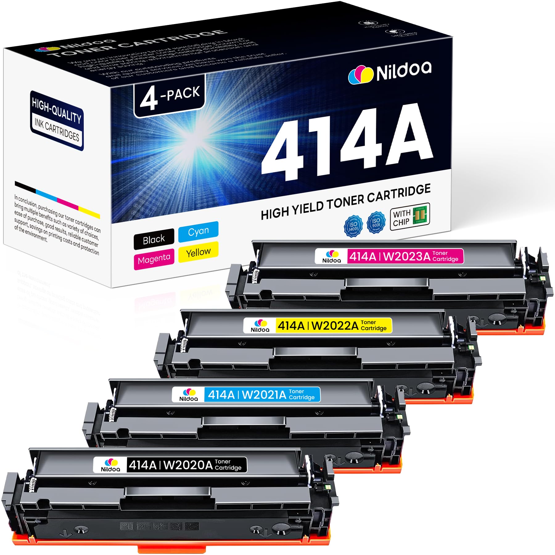 414A Toner Cartridges 4 Pack with Chip Replacement for HP 414A Black Cyan Yellow Magenta Color Enterprise M455dn MFP M480f; Color Pro M454dn M454dw