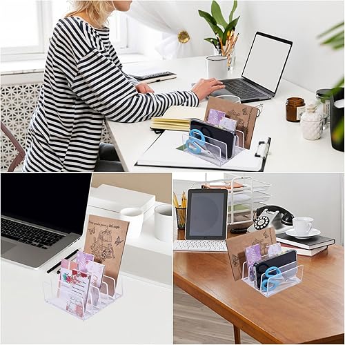 Miniatura 7 de GLOBLELAND 5 Slots Clear Desktop File Organizer 5x5in Acrylic Desktop Letter Sorter Vertical Multifunction Acrylic Office Document Sorter for Mails
