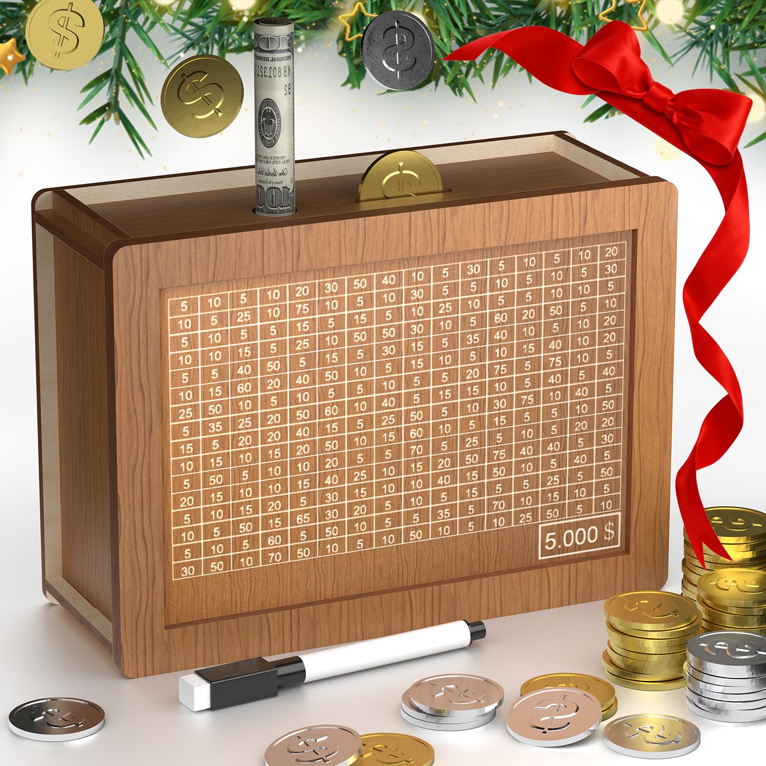 Amazon.com: 5000 Savings Challenge Box, Wooden Money box for cash