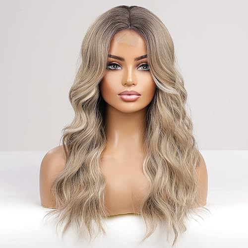 Miniatura 3 de HAIRCUBE Peluca larga ondulada de color marrón oscuro degradado para mujer, pelucas de encaje frontal con reflejos, peluca rizada de 26 pulgadas,