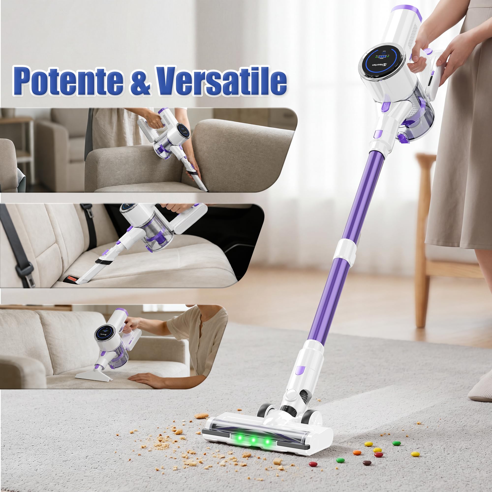 Hearten Aspirapolvere senza Fili con Tubo & Spazzola Triangolare, 40000Pa/450W/40Min, Display LED, Spazzola Antigroviglio Avanzata, Leggera, Autoportante, Silenzioso, per Peli/Pavimenti(Viola-bianco)