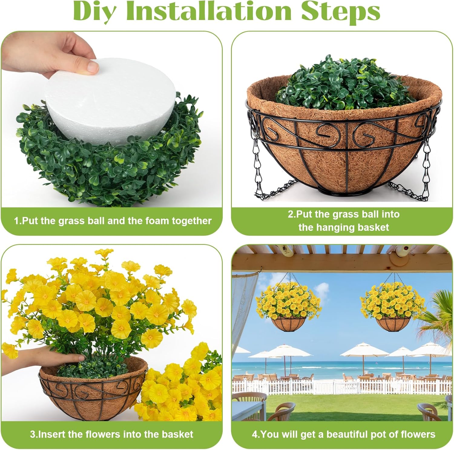 Ouddy Decor Artificial Hanging Plants Flowers Basket for Spring Summer Outdoor Decor, Fake Hanging Flowers Faux Silk Morning Glory UV Resistant for Patio Yard Porch Garden Home Decorations, Yellow