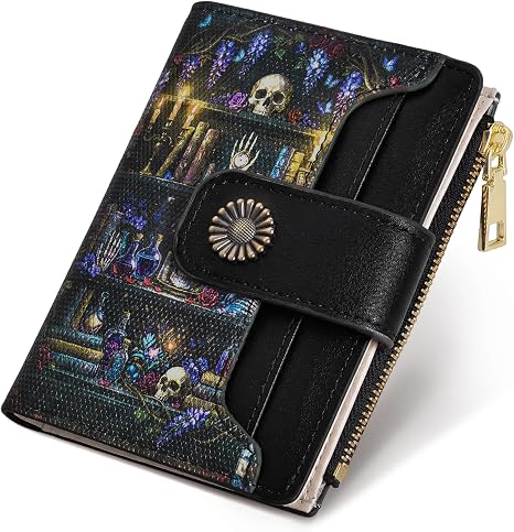 Skull Goth Small Wallet, 4.9x3.5inch RFID Blocking Bifold Card Holder Wallet with 8 Card Slots, Cash Compartment, Zipper Coin Pocket ID Window, Slim Credit Card Holder Travel Wallet, Black