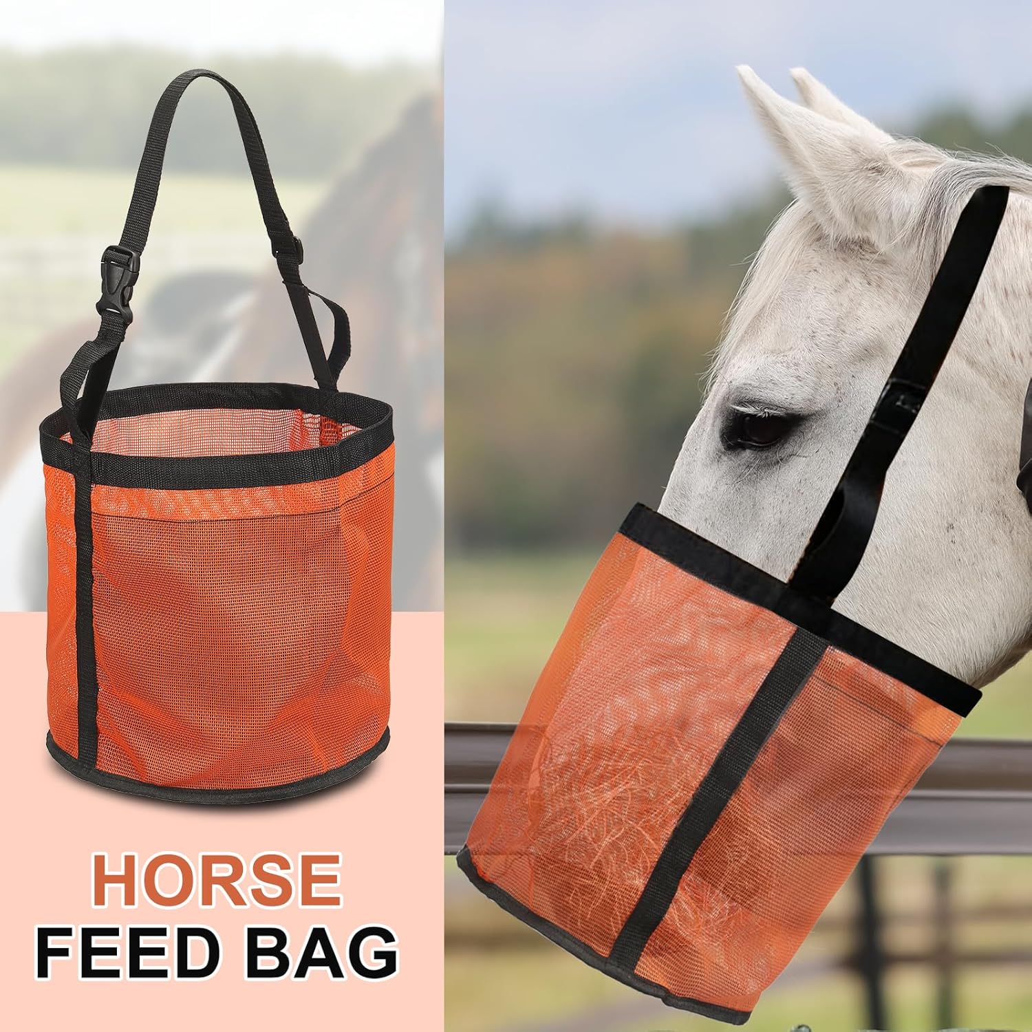 Horse Feed Bag, Horse Muzzle Hay Bags with Adjustable Strap Nylon Mesh Waterproof Bottom Grain Horses Bag, (Orange, L,2 Pcs), Intended for Feeding Grain/Powder/Hay