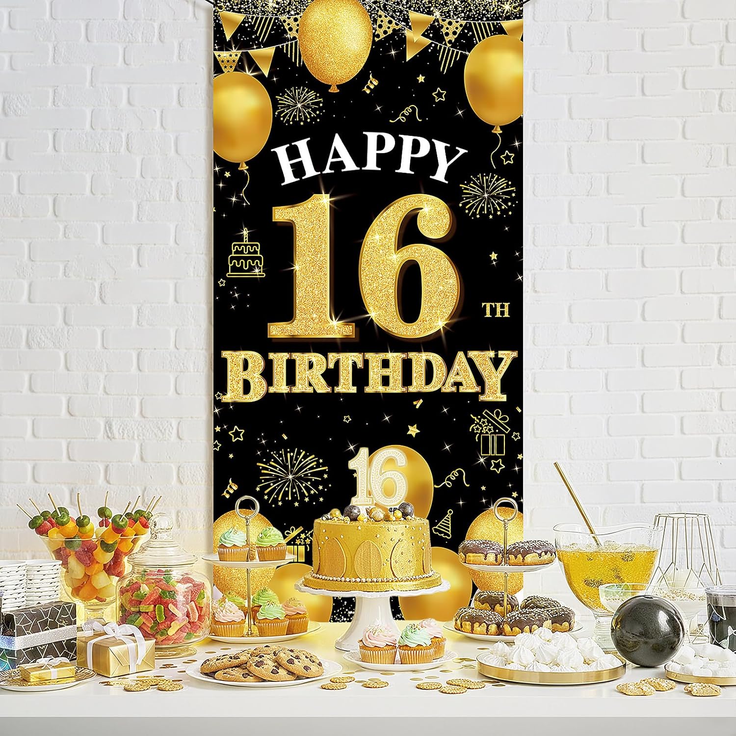 Happy 16th Birthday Decorations for Girls and Boys, Black and Gold 16th Birthday Banner Backdrop, Fabric Door Decor Yard Sign Photo Props, 16 Year Old Party Supplies for Indoor Outdoor Use - Image 3