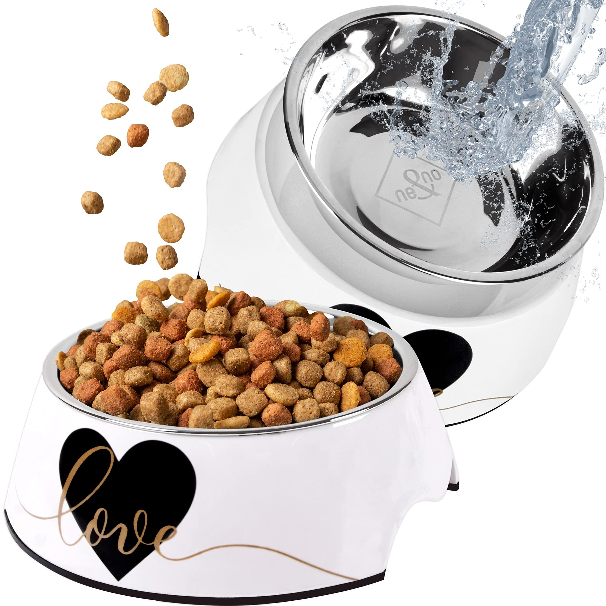 ne&no® Set of 2 pet bowls for cats and small dogs 170ml - hygienic and removable cups made of stainless steel with anti-slip bottom - dishwasher safe - cat food bowl — image 1