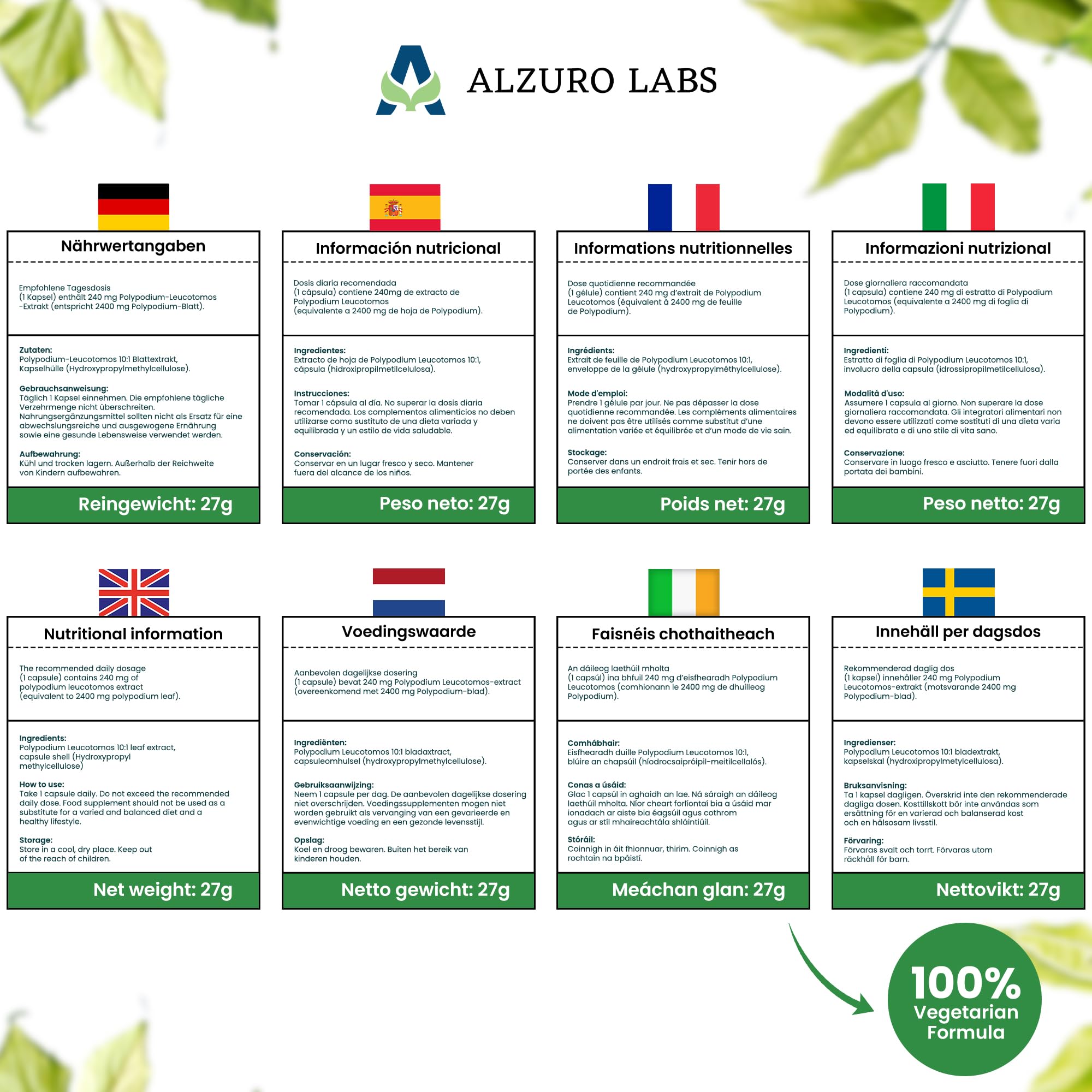 Polypodium leucotomos | 2 400 mg équivalent | Haute dose 240 mg d'extrait de fougère 10:1 | 90 gélules végétaliennes | GMP & Testé en Laboratoire Indépendant
