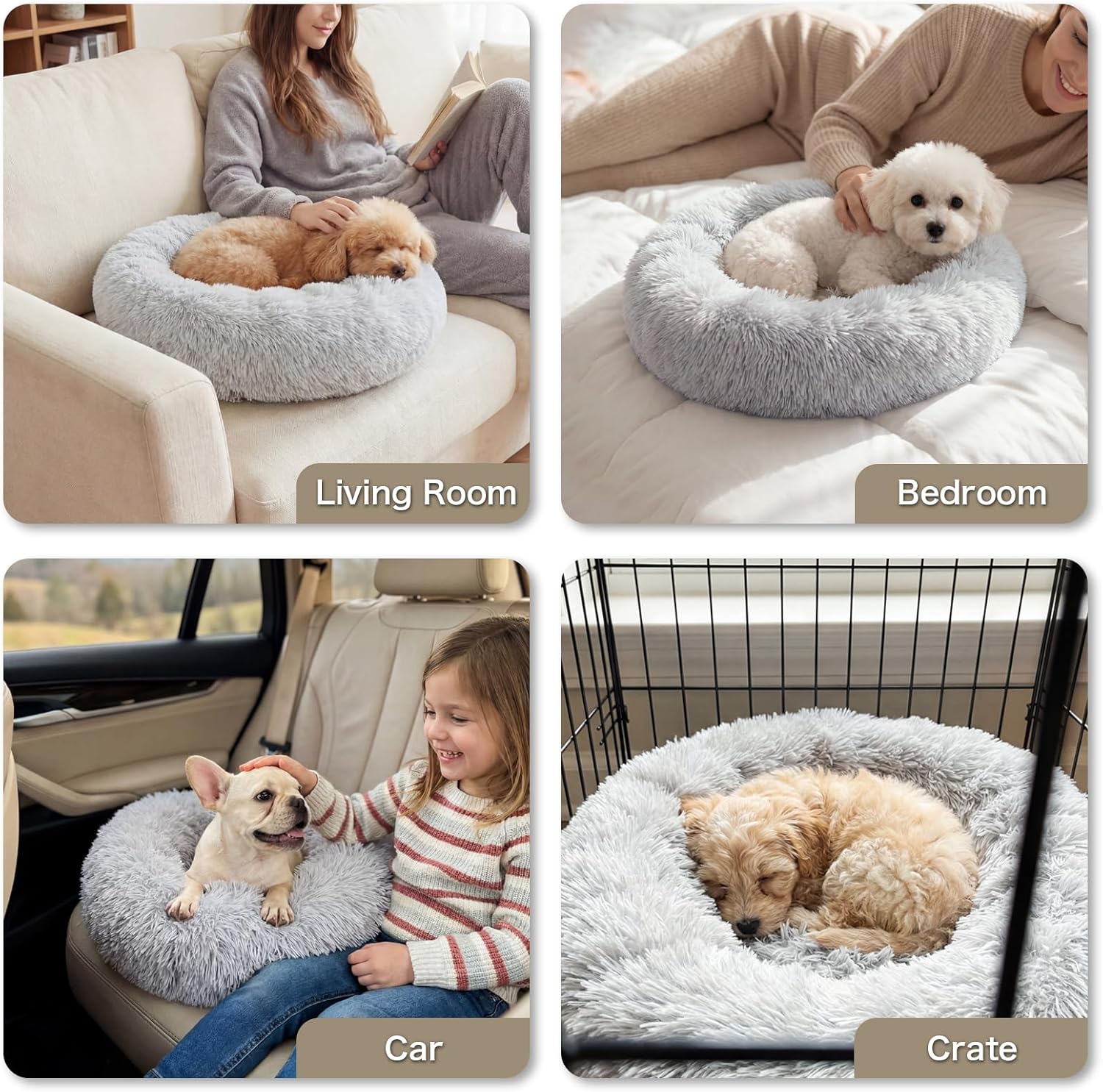 WROS Calming Dog Bed, 24" x 24" x 6" Fits Cat & Dog, Anti-Slip Round Washable Faux Fur for Doze Off, Napping Orthopedic, Grey