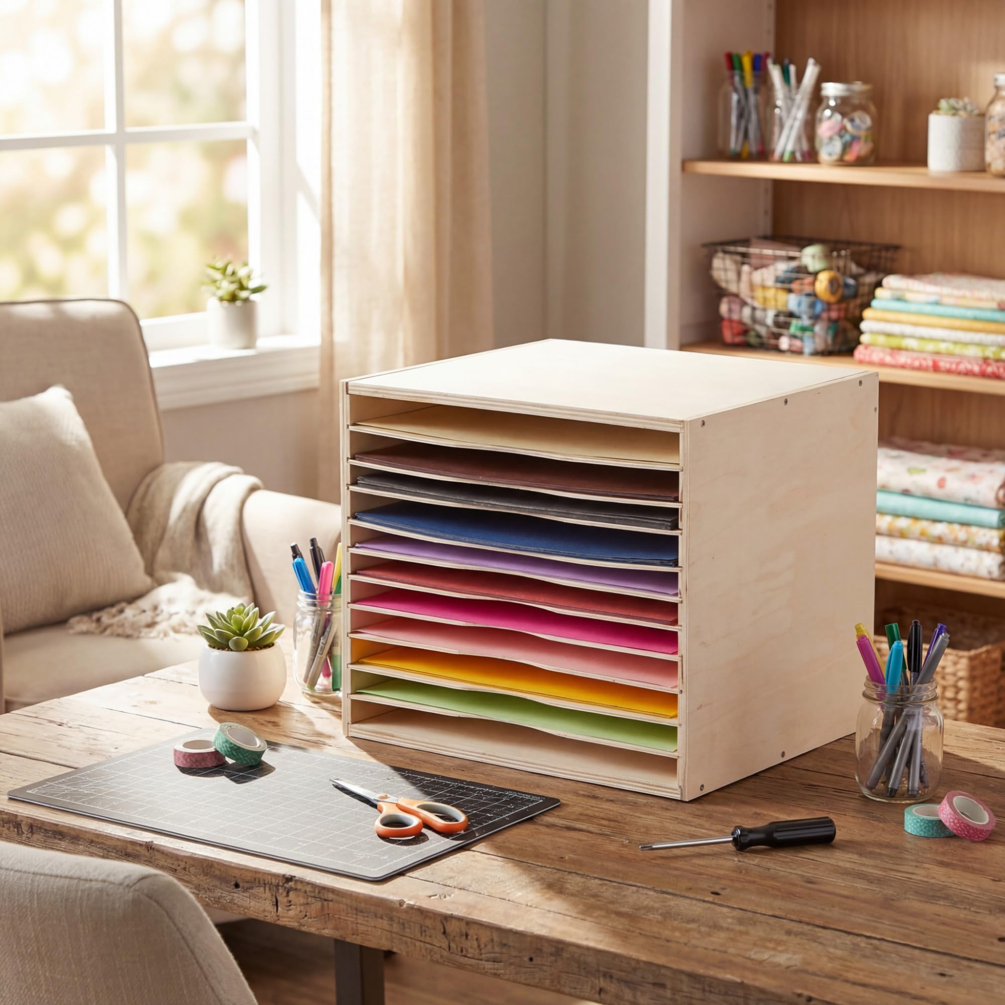 Photo 1 of 12x12 Inch Scrapbook Paper Storage Organizer Construction Paper Storage 12 Slot Desktop File Sorter Scrapbook Holder Wood Document Letter Tray for Home Classroom Office School Supplies