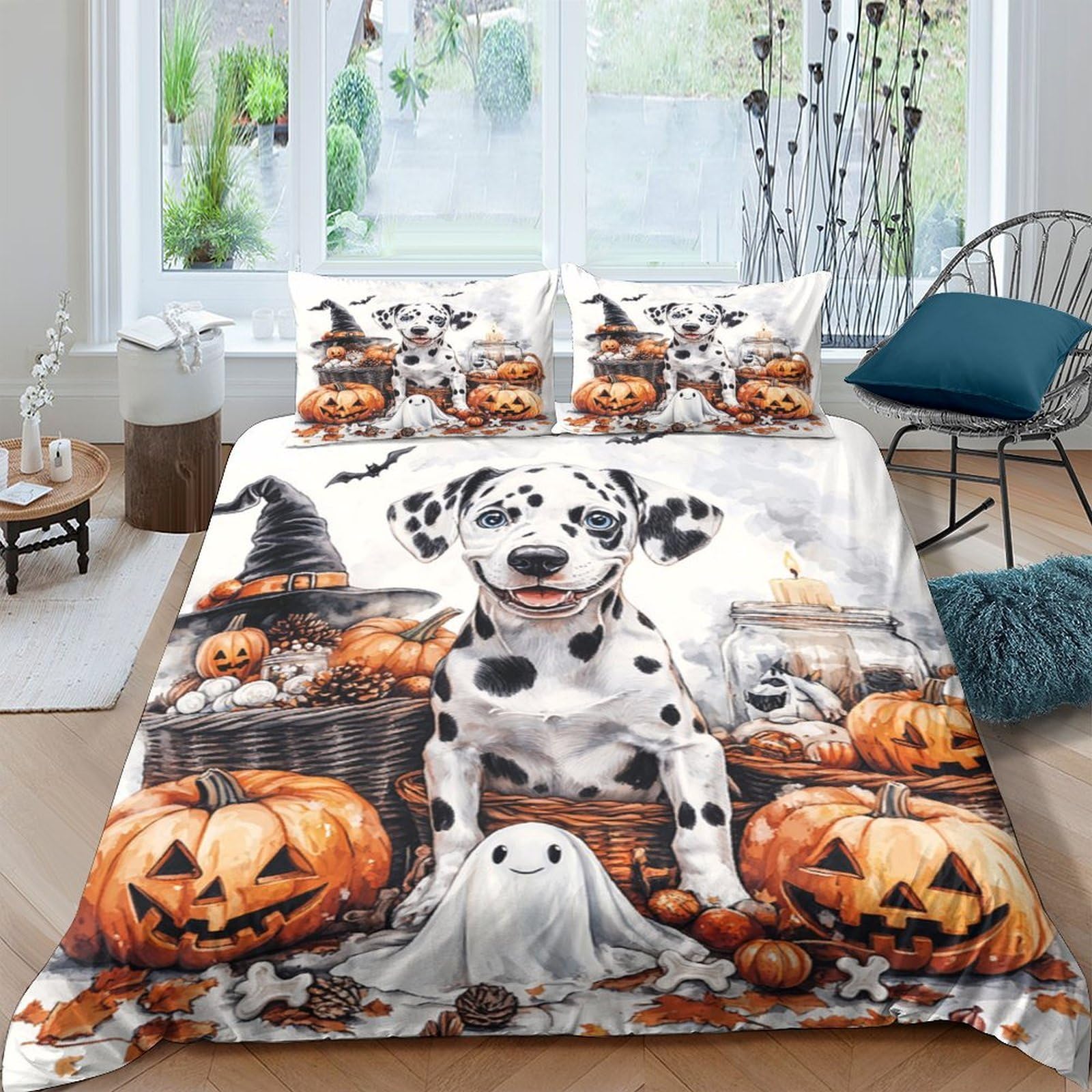 GPLZQXKJNH 3D Printed Halloween Pumpkin Dog Duvet Cover Set Microfiber Soft Breathable Ghost Quilt Cover with 2 Pillowcases for Bedroom Decor Single（135x200cm）