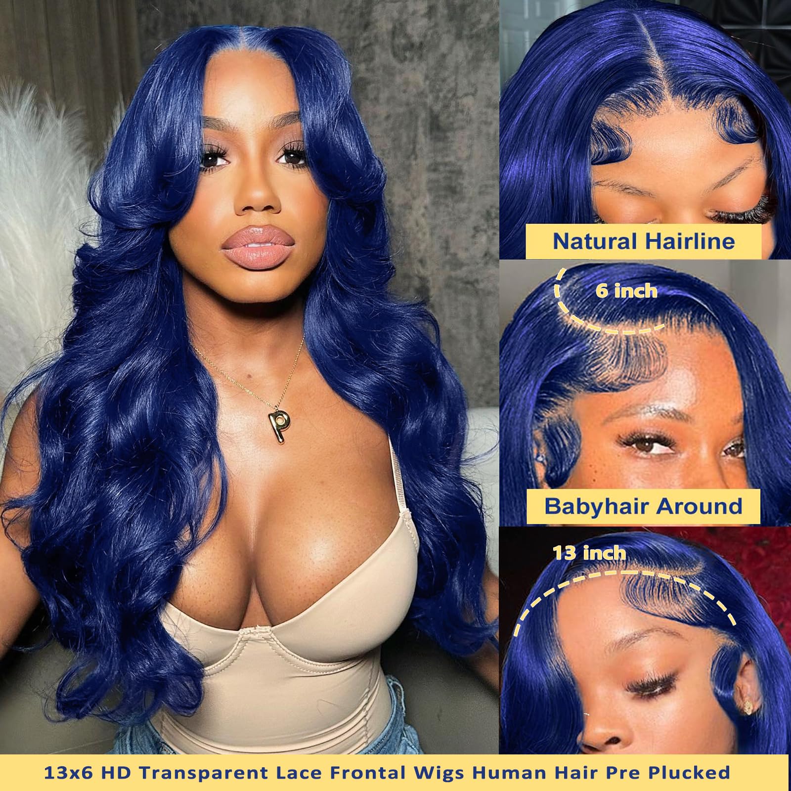 ELFSECRET Blue Lace Front Wigs Human Hair 13x6 Hd Transparent Lace Body Wave Dark Blue Wigs Human Hair 180% Density Wear And Go Glueless Wig Human Hair Pre Plucked For Black Women 26 Inch