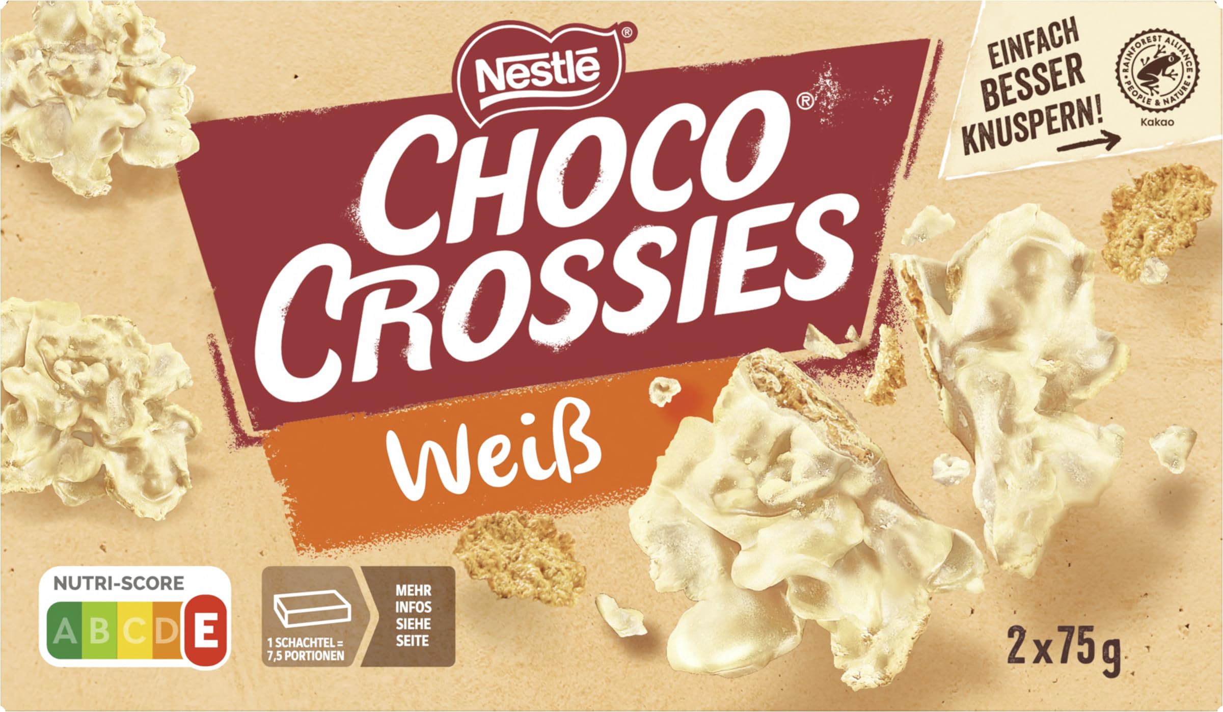 Nestlé CHOCO CROSSIES White, knusprige Flakes, umhüllt von cremiger weißer Glasur, 1er Pack (à 2 x 75g)