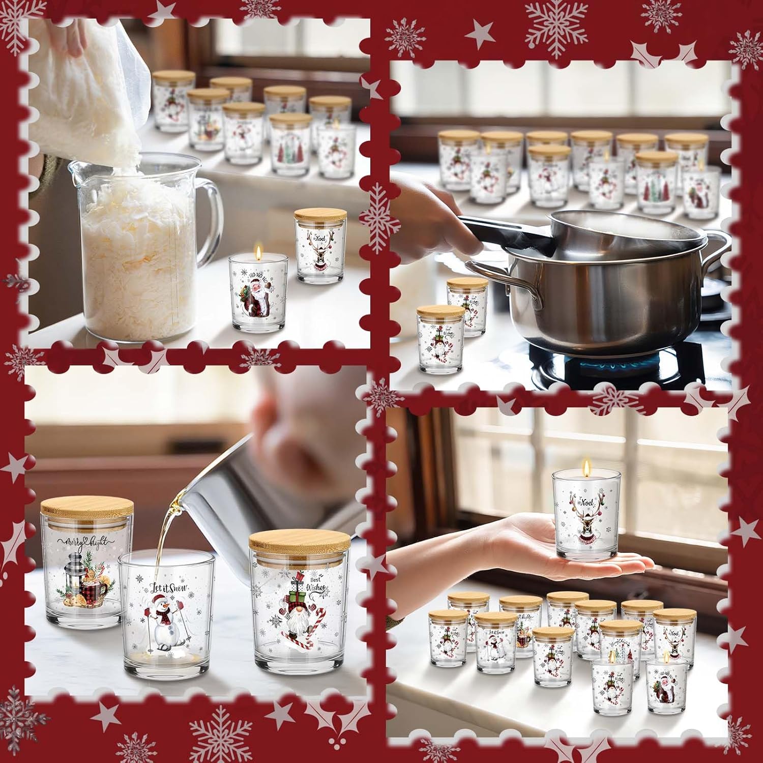 Ziliny 12 Pack 7 oz Christmas Glass Candle Jar with Wood Lids Xmas Classical Thick Empty Jars for Making Candles Small Holiday Container Bulk for Gifts Making DIY Party Supplies Accessories