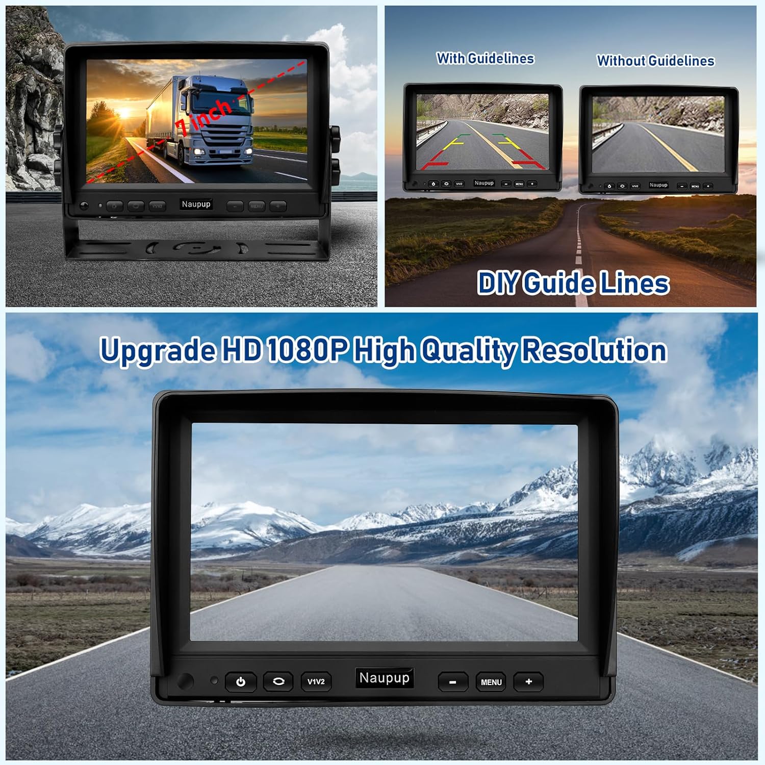 Backup Camera AHD 7'' 1080P Reverse Rear View Back up Cameras System Kit Monitor with HD Night Vision Waterproof IP69K DIY Guide Line Vehicle Backup Camera for Trucks/RV/Trailer/Van/Bus/Skid Steer.