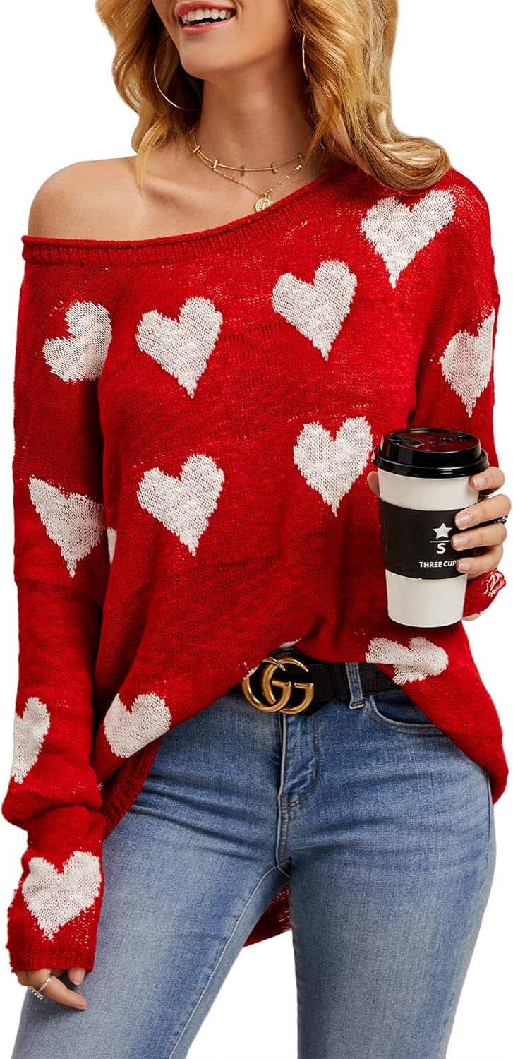 Tutorutor Womens Cute Love Heart Print Sweaters Oversized Off The Shoulder Loose Knitted Valentine Pullover Blouse Top