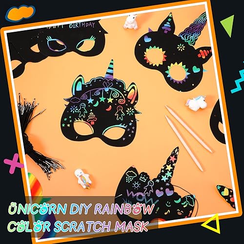 Miniatura 5 de 30 máscaras de unicornio para rascar, máscara de unicornio, recuerdos de fiesta de unicornio, máscara de arte de unicornio de papel arcoíris, lápiz