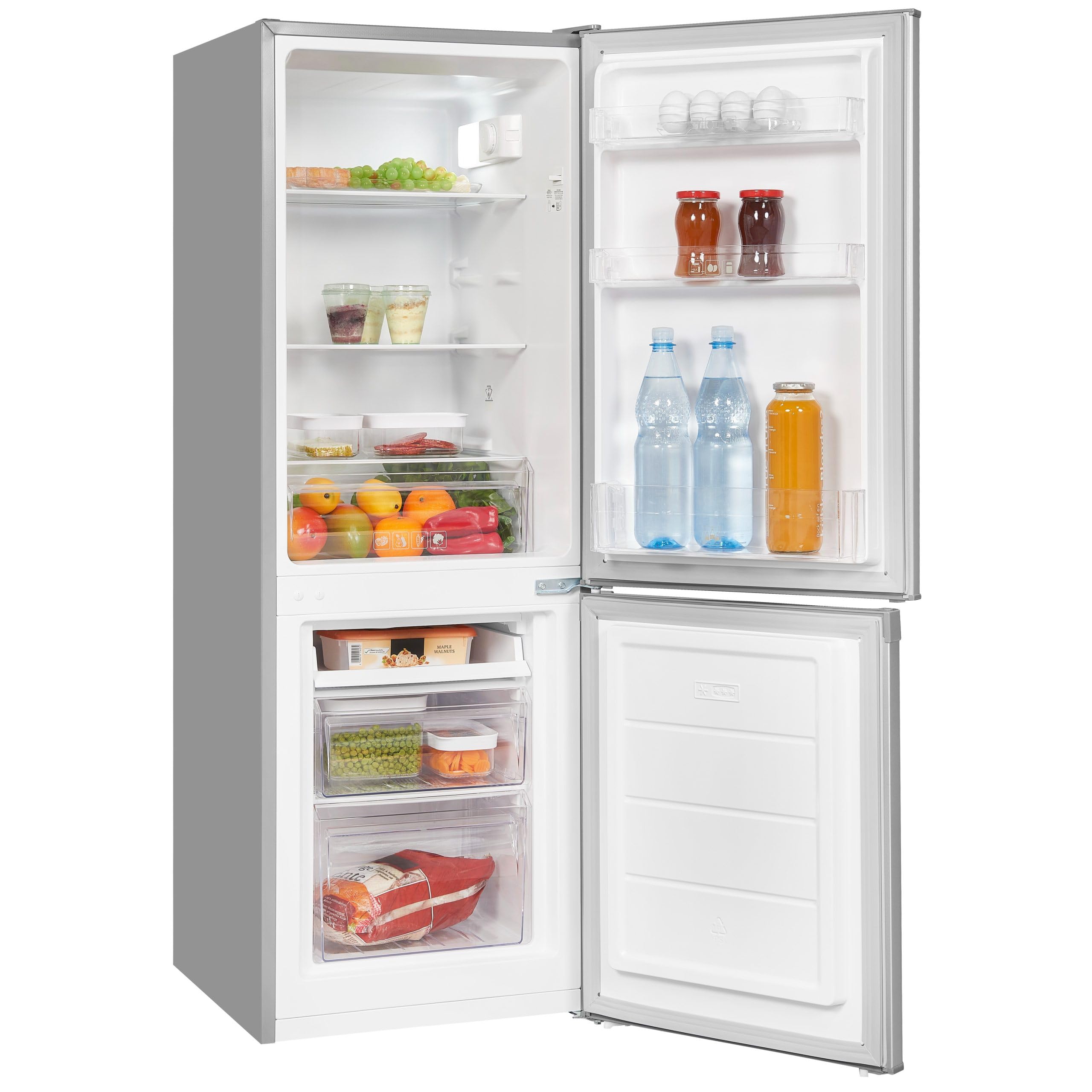 Exquisit® Frigorífico Combi, 173L, Clase E, Color Plateado, Cajón Verdulero, Estantes de Cristal, Altura Regulable, Tiradores Integrados, Luz LED, Consumo 194 kWh/​año, Medidas 142,​5x50x56 Cm.