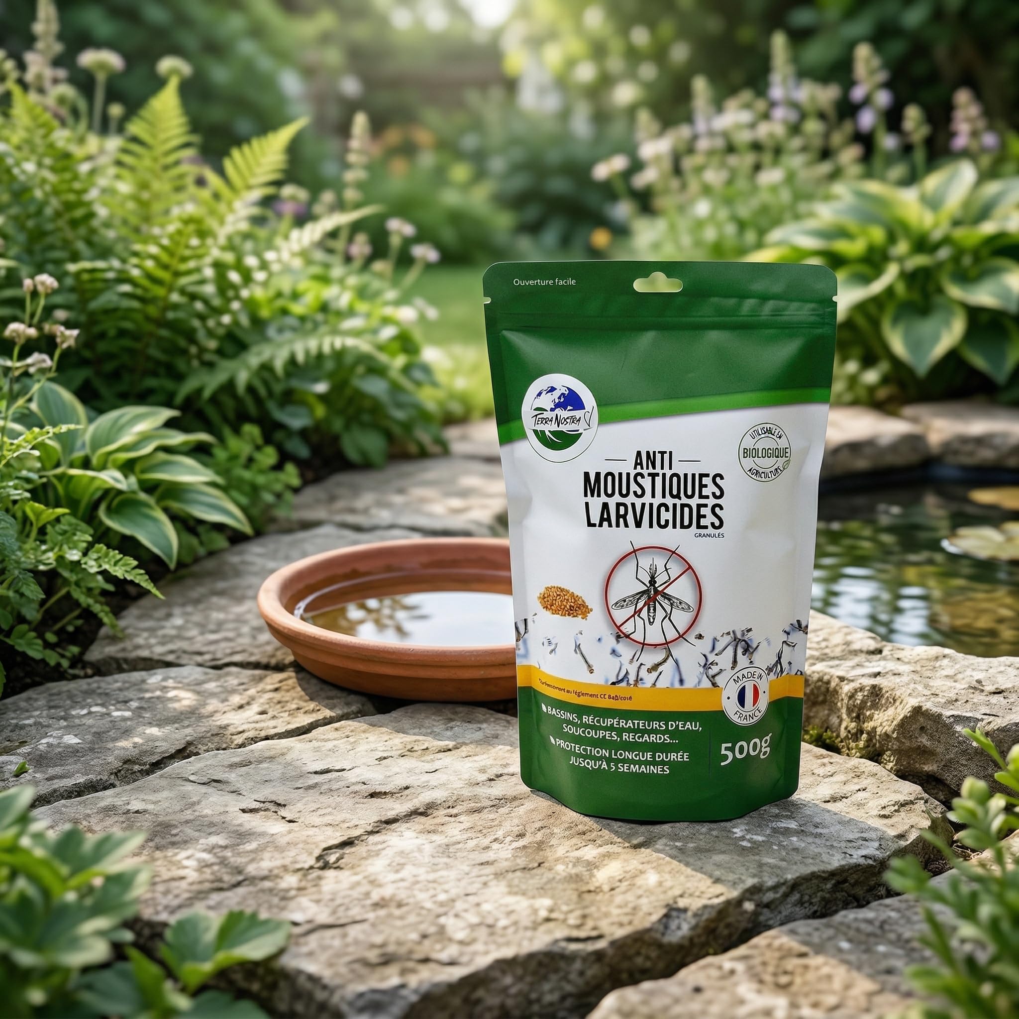 TERRA NOSTRA - Anti Moustiques Larvicides - Formulé avec du BTI - Compatible Fosse Septique - Traitement Eaux Stagnantes jusqu'à 25m² - Fabriqué en France - Pot 500g