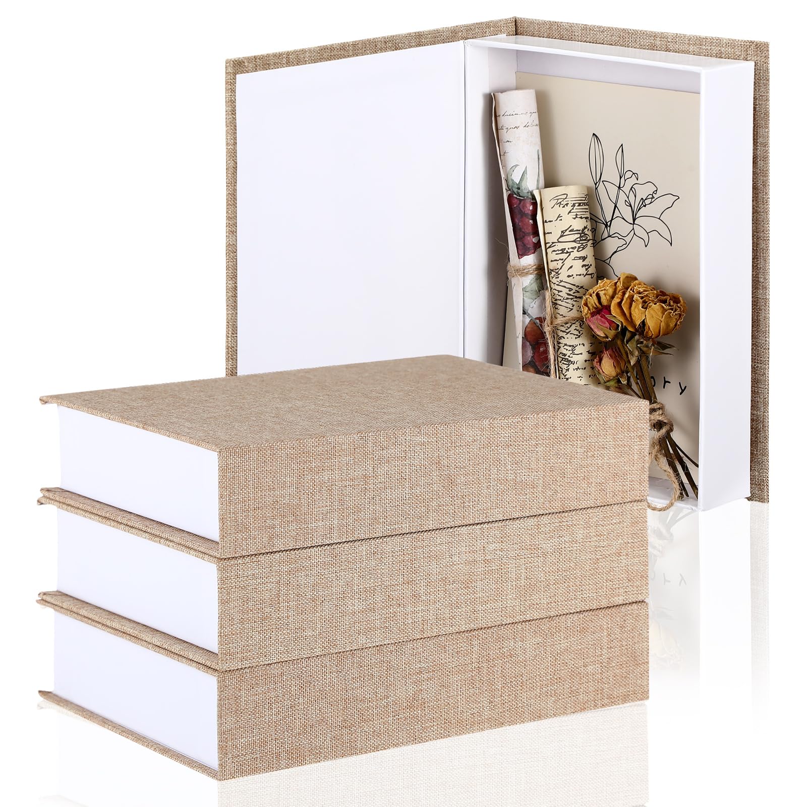Tioncy 3 Pcs Decorative Linen Faux Book Box Set, Only Size, Khaki