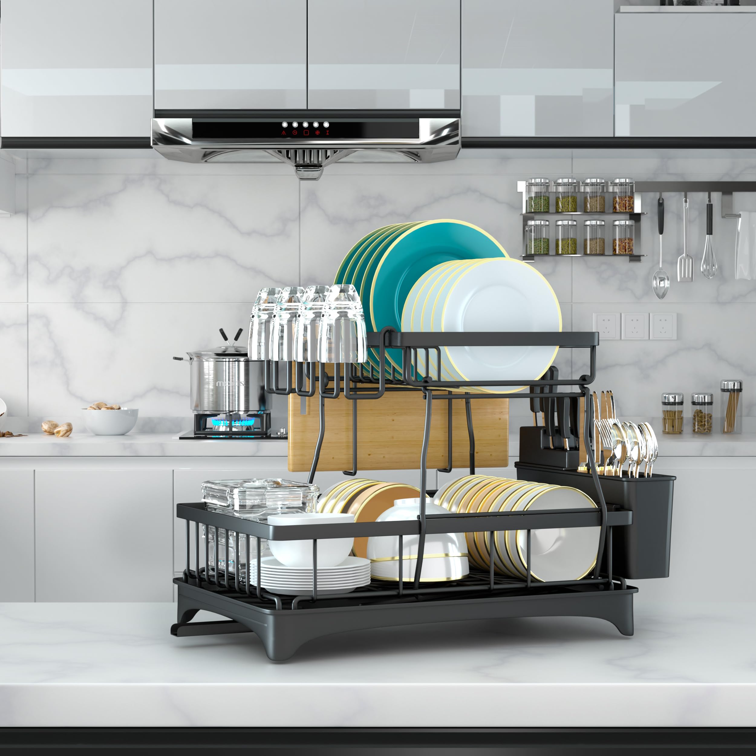 TidyIsles Escurreplatos – Escurridor de platos de 2 niveles que ahorra espacio con soporte para utensilios, escurridor de platos para encimera de cocina, escurridor de fregadero con estante para tabla