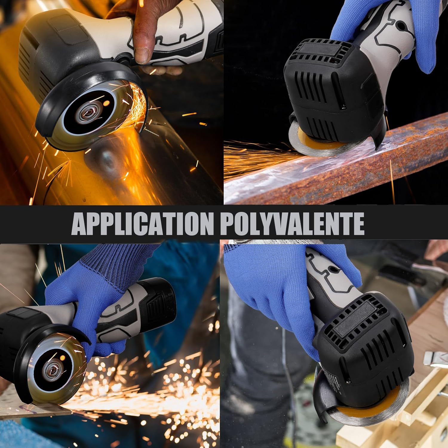 Weytoll Mini Angle Grinder in various application scenarios: cutting metal, grinding wood, and polishing surfaces.