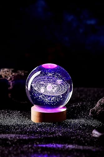 Miniatura 6 de Luz nocturna del sistema solar, lámpara de bola de cristal de galaxia de 3.15 pulgadas con base de madera LED de 16 colores, lámpara de noche