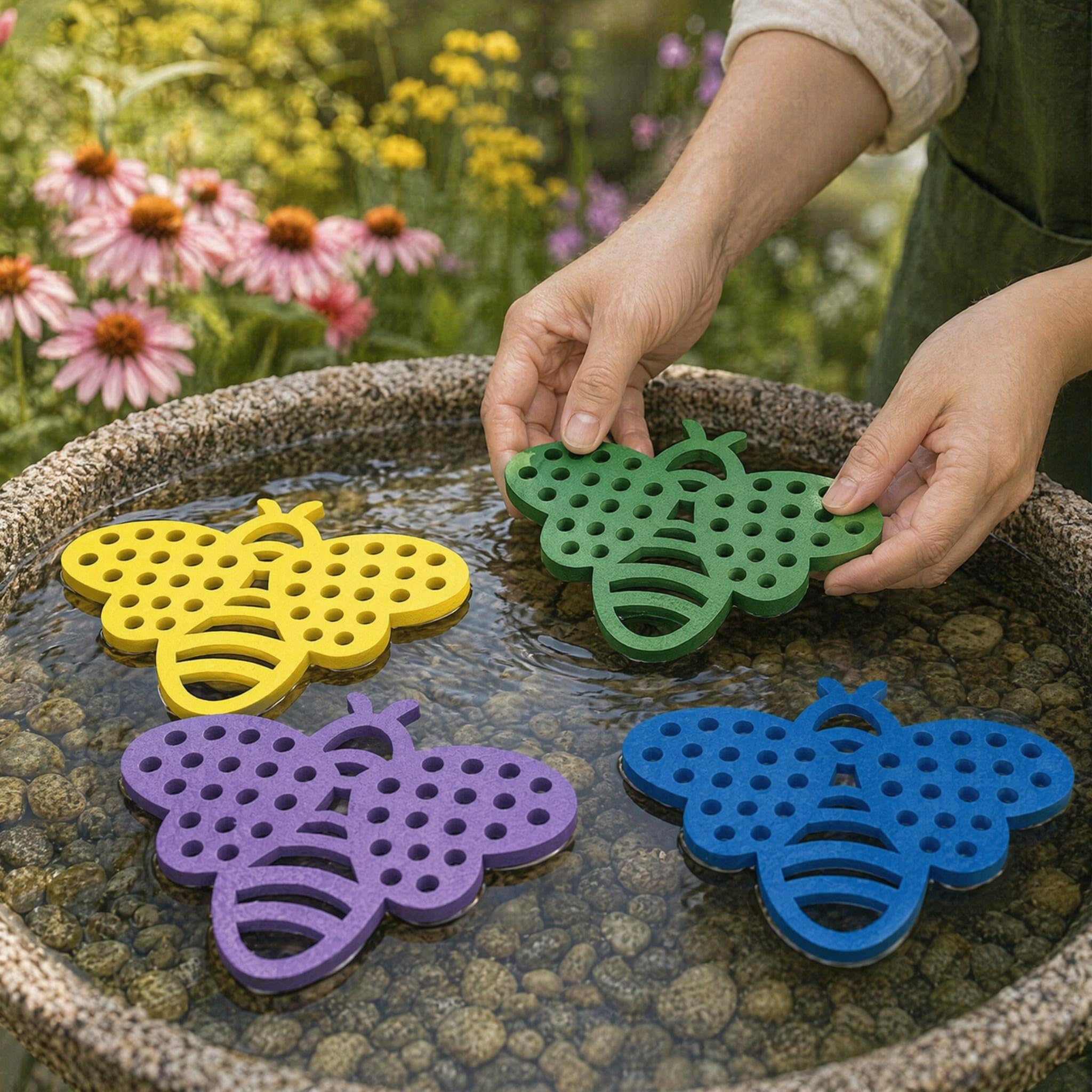 FeiatPogra 4 Pack Bee Watering Station, Cute Bee-Shaped Floating Bath for Garden, Birdbath & Ponds, Pollinator Hydration & Safe Drinking Spot for Bees, Butterflies (Purple, Yellow, Green, Blue)