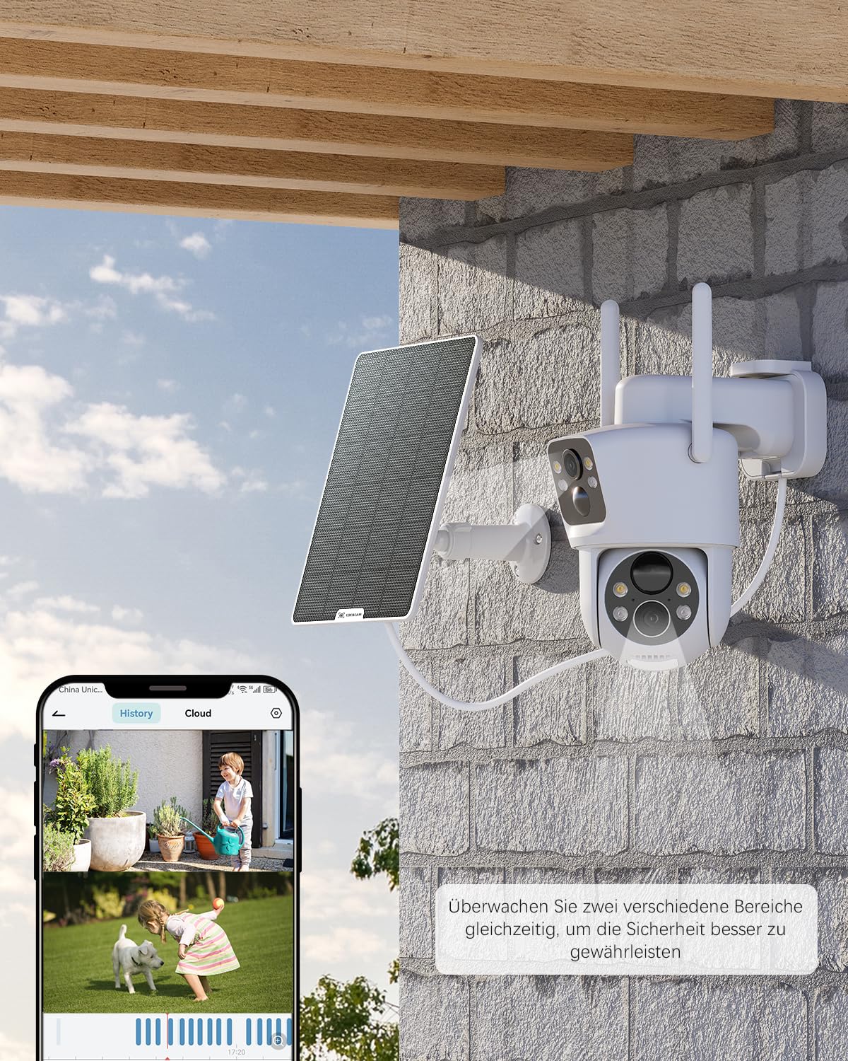 COCOCAM 2K Überwachungskamera Aussen Akku WLAN mit Dual-Objektiv | Solar Kamera Outdoor, Dual PIR, 10000mAh Akku, 355°P 90°T, 6W Sonnenkollektor, Farbnachtsicht