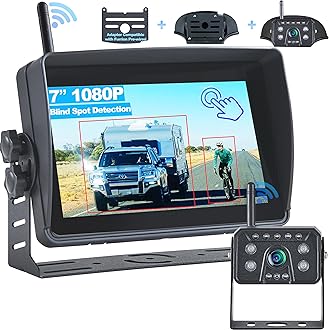 Wireless RV Backup Camera System for Trailer Truck Camper, 7'' HD Touch Screen Monitor with 1080P Rear View Camera, Blind Spot Detection Loop Recording IP69 Waterproof IR Night Vision