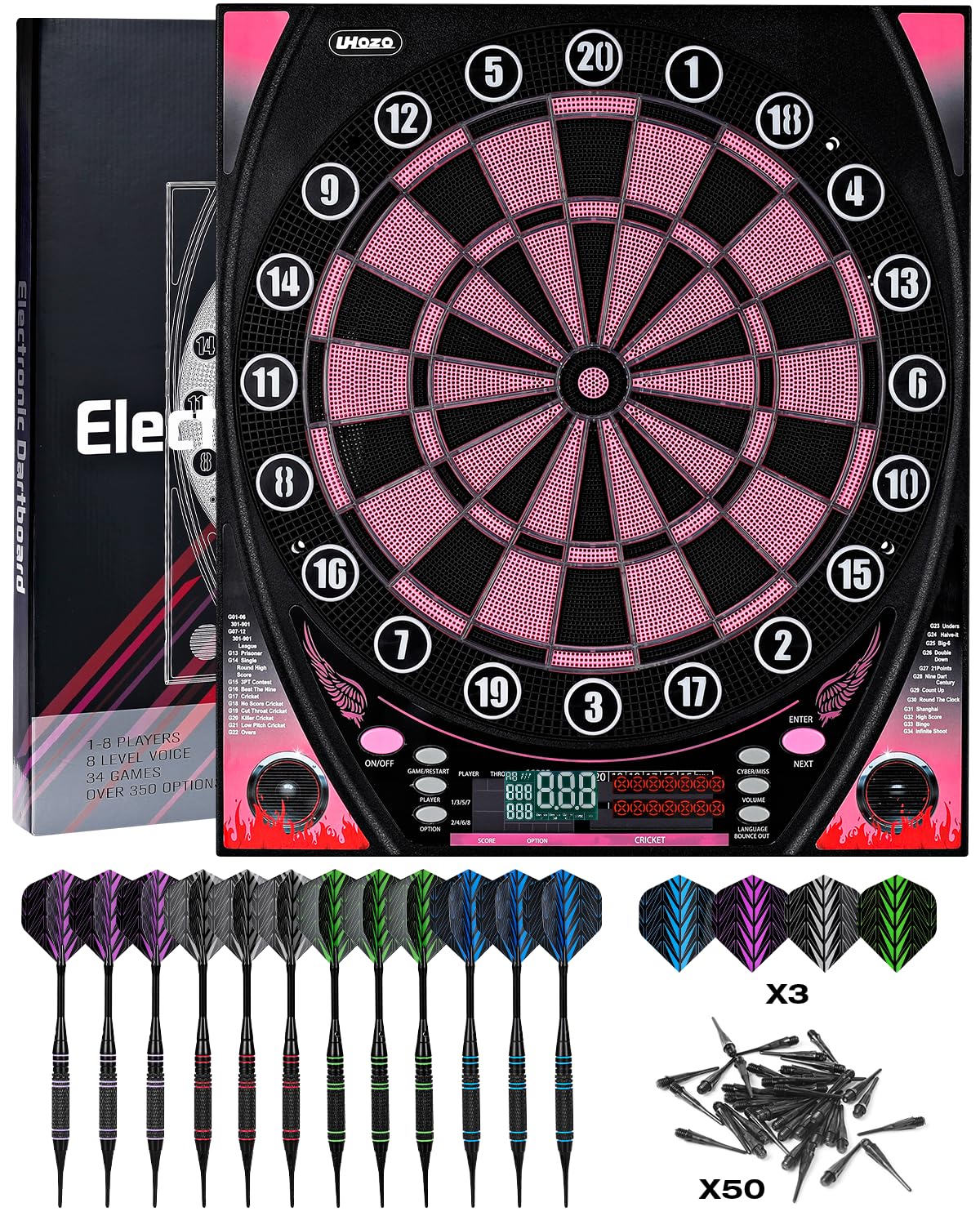 Electronic Dart Board with Bright Score Display, Multiple Games, and Durable Design-Perfect for Family Fun and Competitions-Includes Soft Tip with 12 Darts (Pink-Grey)