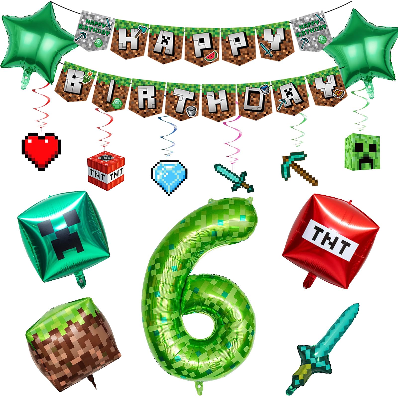 14PCS Birthday Party Decorations for Boys, Birthday Kit Includes Banner Swirls Foil Balloons for Cartoon Supplies, Game Themed Party Supplies Decorations for Boys Girls