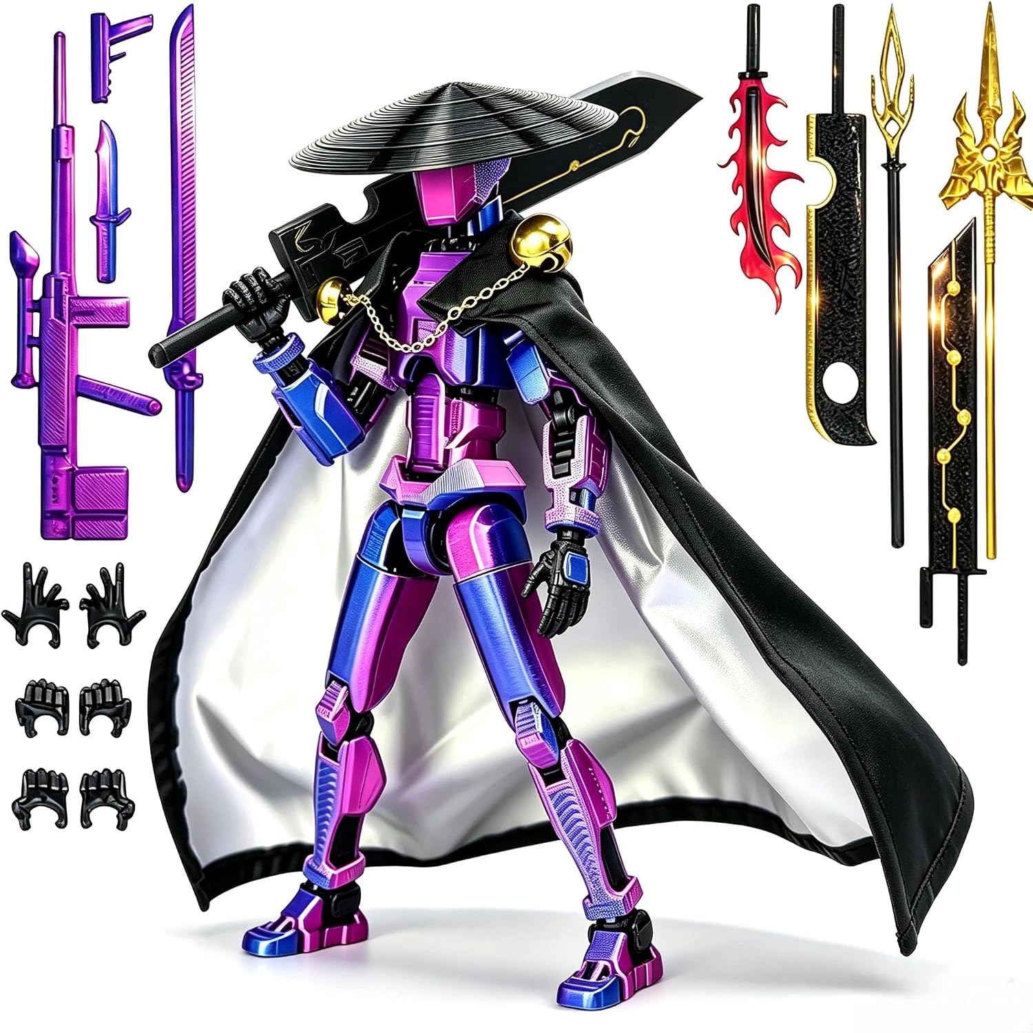 Titan13 Action Figure, Assembled Dummy Robot 13 Action Figure, 3D Printed Multi-Joint Movable Posable Robot Toy, Collectible Desktop Decoration with Hat, Cloak and 12 Types of Weapons (Red Purple)