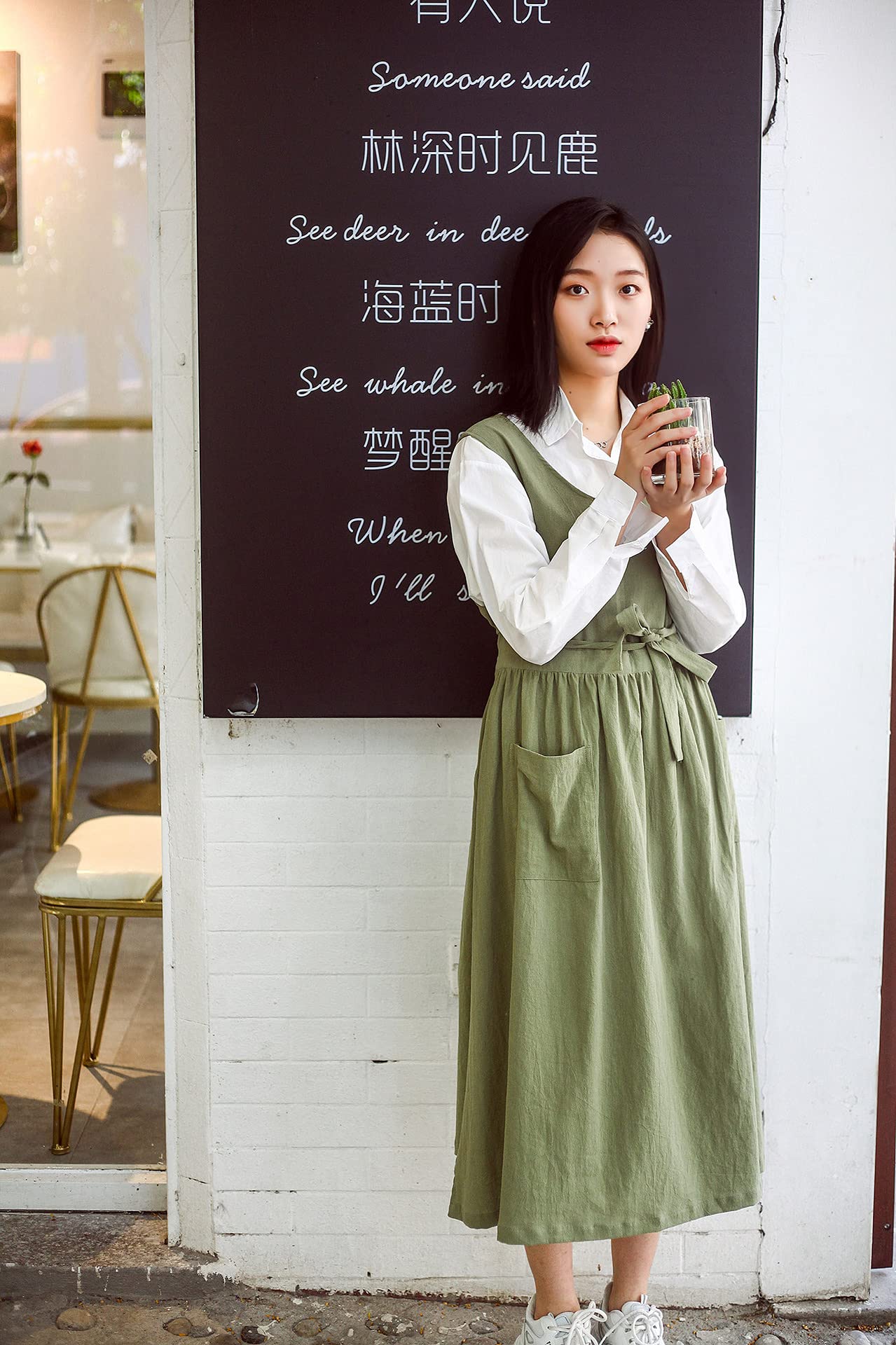 Tablier pour femme, grande taille, en coton et lin lavé avec 2 poches, couleur unie japonaise, tablier de cuisine pour femme, Couleur, 130 cm