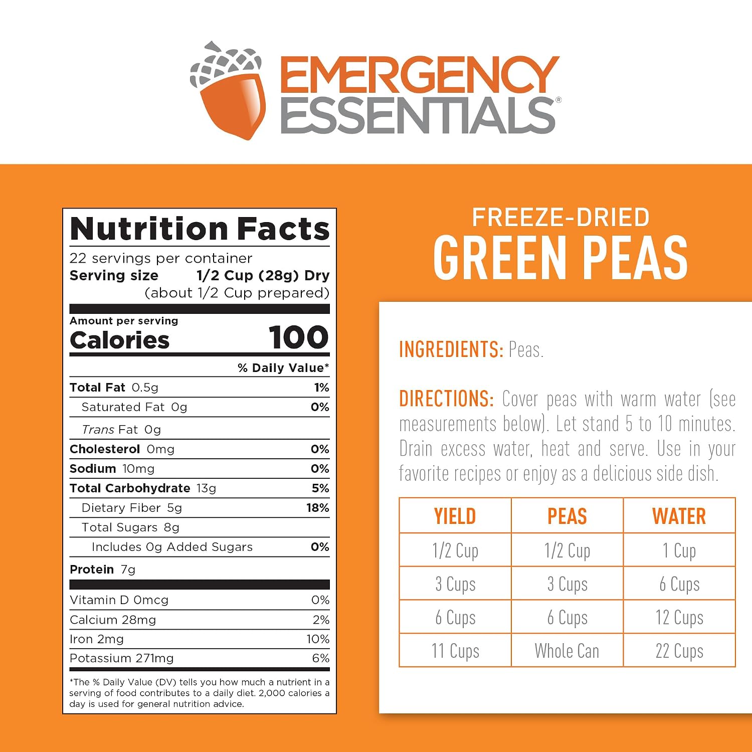 Emergency Essentials Freeze-Dried Green Peas #10 Can | Long-Term Emergency Food | High Protein | Shelf-Stable | 30-Year Shelf Life | Camping & Survival Veggie