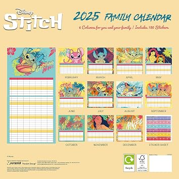 Pyramid International Lilo & Stitch 2025 Family Calendar – Official Disney 16-Month Planner, Colourful Art, Large Grid for Notes, Gift for Fans & Collectors