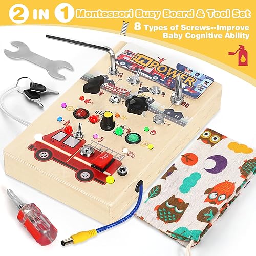 Miniatura 6 de Quiet Flower Tablero Montessori 2 en 1 de madera para niños pequeños con 8 interruptores de sonido de luz LED, destornillador para niños pequeños de