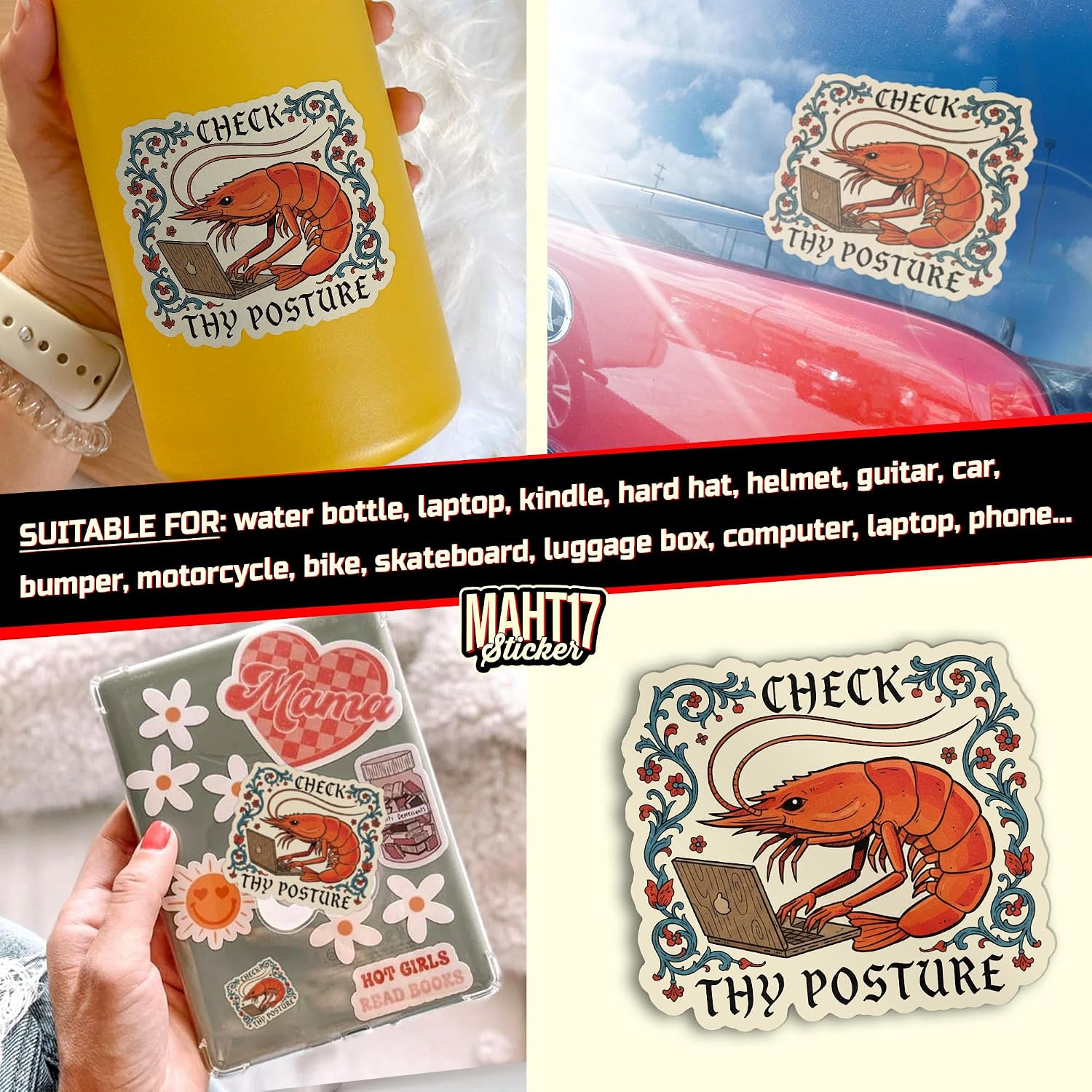 (3Pcs-2") Check Thy Posture Sticker Funny Medieval Shrimp Cute Office Waterproof Die-Cut Vinyl Sticker for Kindle, Laptop, Water Bottles, Phone Decal Gifts 2 Inches image 2