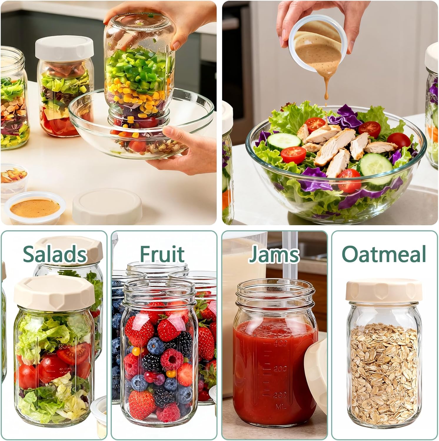 32 Oz Glass Salad Jars, 4 Pack Mason Jars with 2 Built-in Dressing Containers, Leak-proof Meal Prep Salad Cups,Food Storage Glass Mason Jars for Oatmeal Jams Fruit