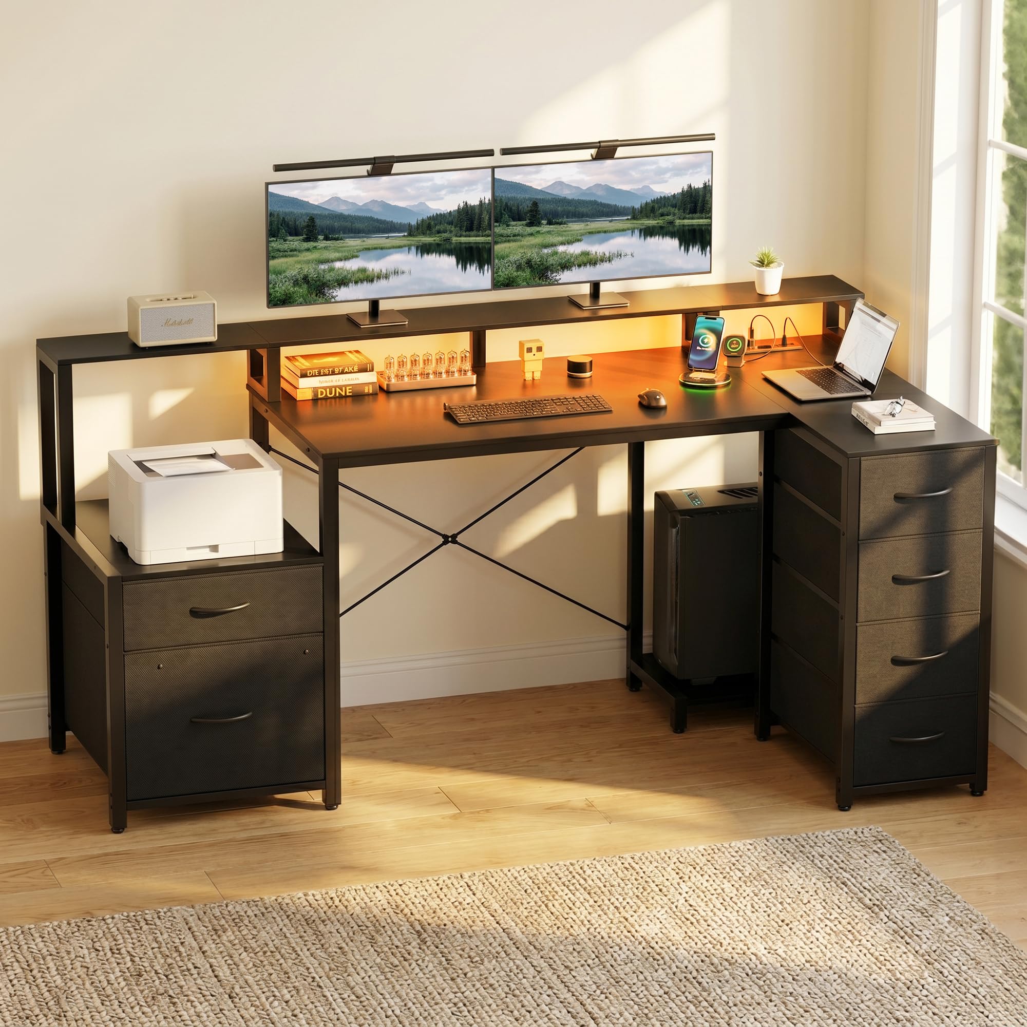 YOUDENOVA Schreibtisch L Form mit Schubladen, 150x80cm Eckschreibtisch mit LED & Steckdose & USB, Reversibel Gaming Tisch mit Monitorständer, Stauraum, Computertisch für Homeoffice & Gaming, Schwarz