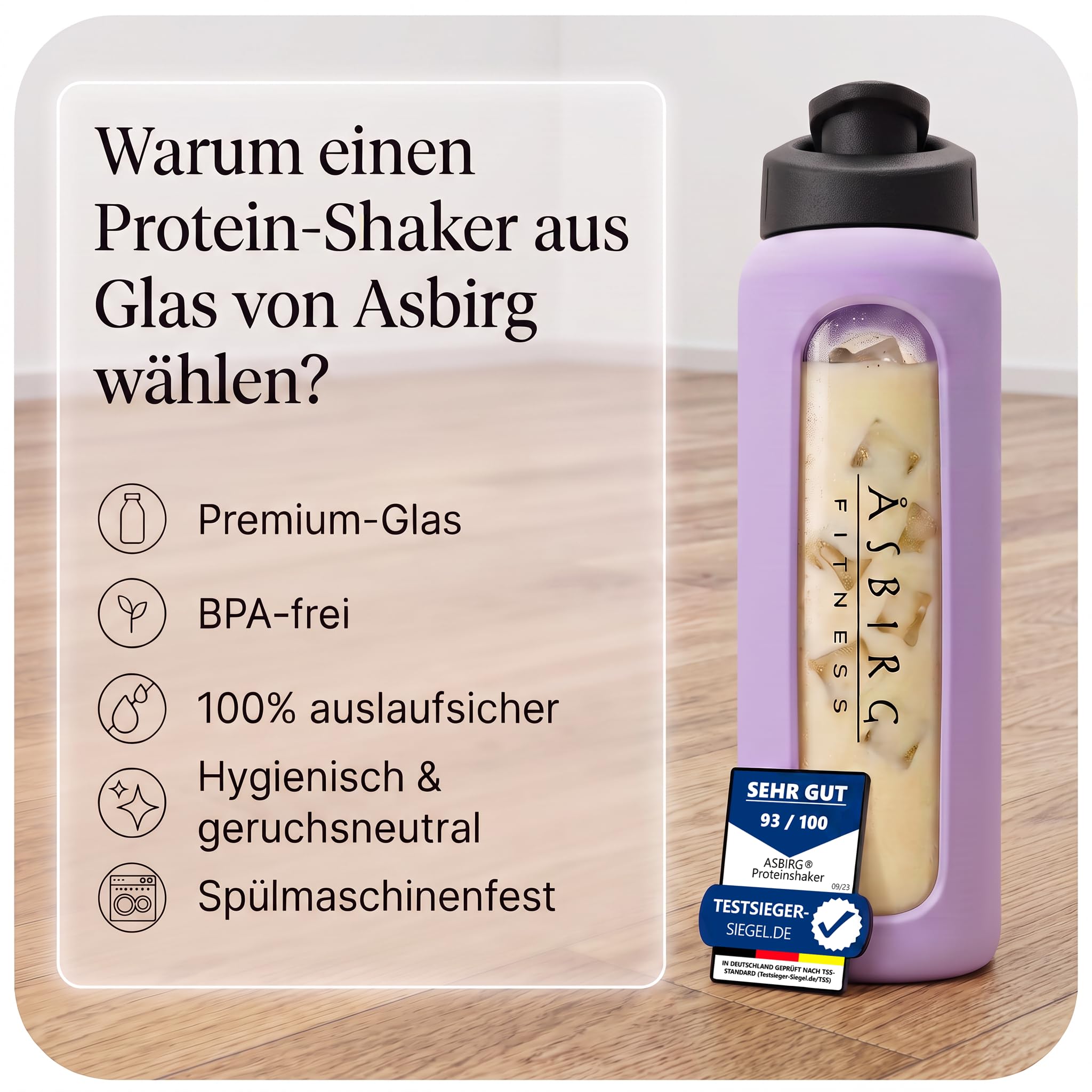 3er Bundle Proteinshaker aus Glas – Lila, Pastellgrün & Beige – BPA-frei, geschmacksneutral - mit Spiralball
