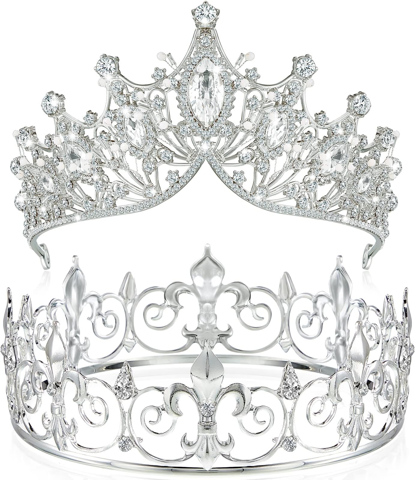 Junkin 2 Pcs Prom King and Queen Crowns for Men Women Valentine's Day Carnival Baroque Queen King Prince Tiara Princess Crystal Headband for Wedding Birthday Grad Rhinestone Prom Party(Silver)